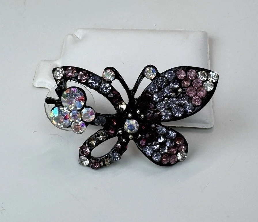 Vintage Purple Blue Green Crystal Butterfly Brooch