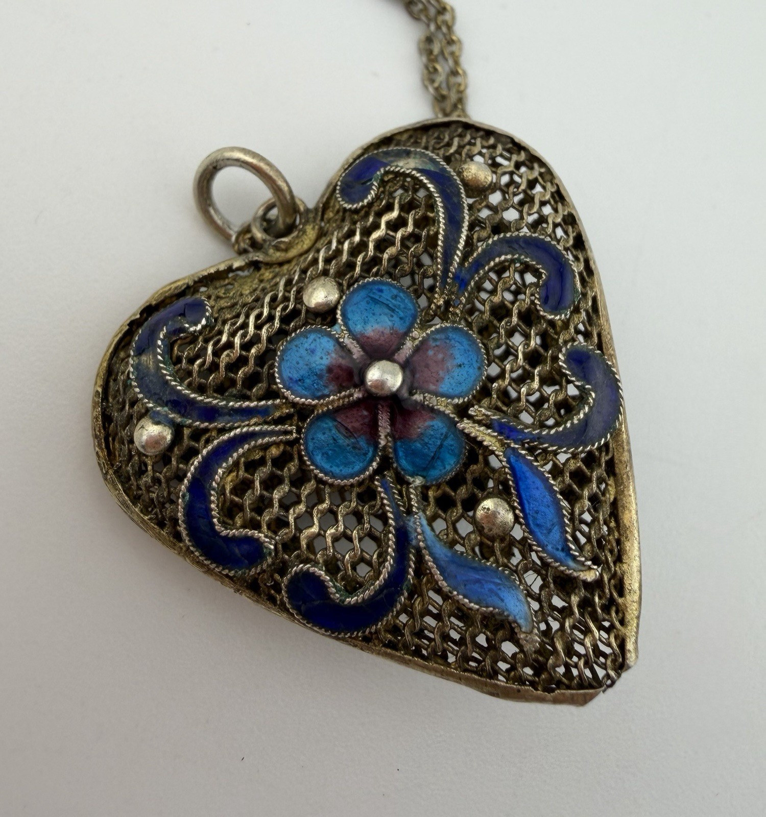 Cloisonne Filigree Enamel Floral Motif Blue Puffy Heart Pendant About 1” Vintage