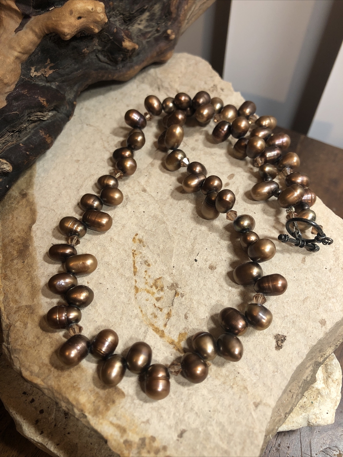 Vintage 925 Sterling Silver Root beer Pearl Bead Beaded Toggle Necklace 44g