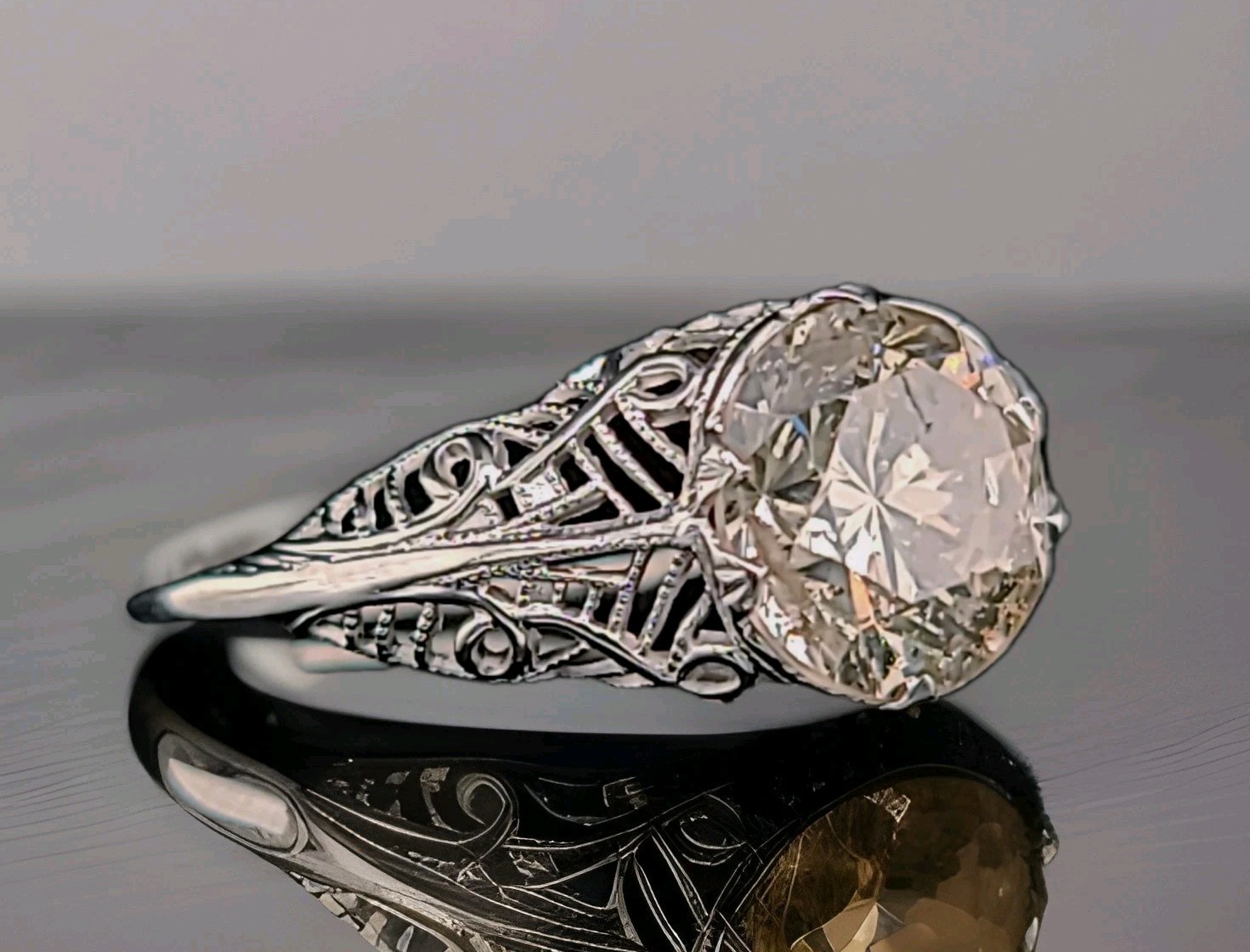 Vintage 18k White Gold Engagement Ring 2.75ct Natural Light Champagne Diamond