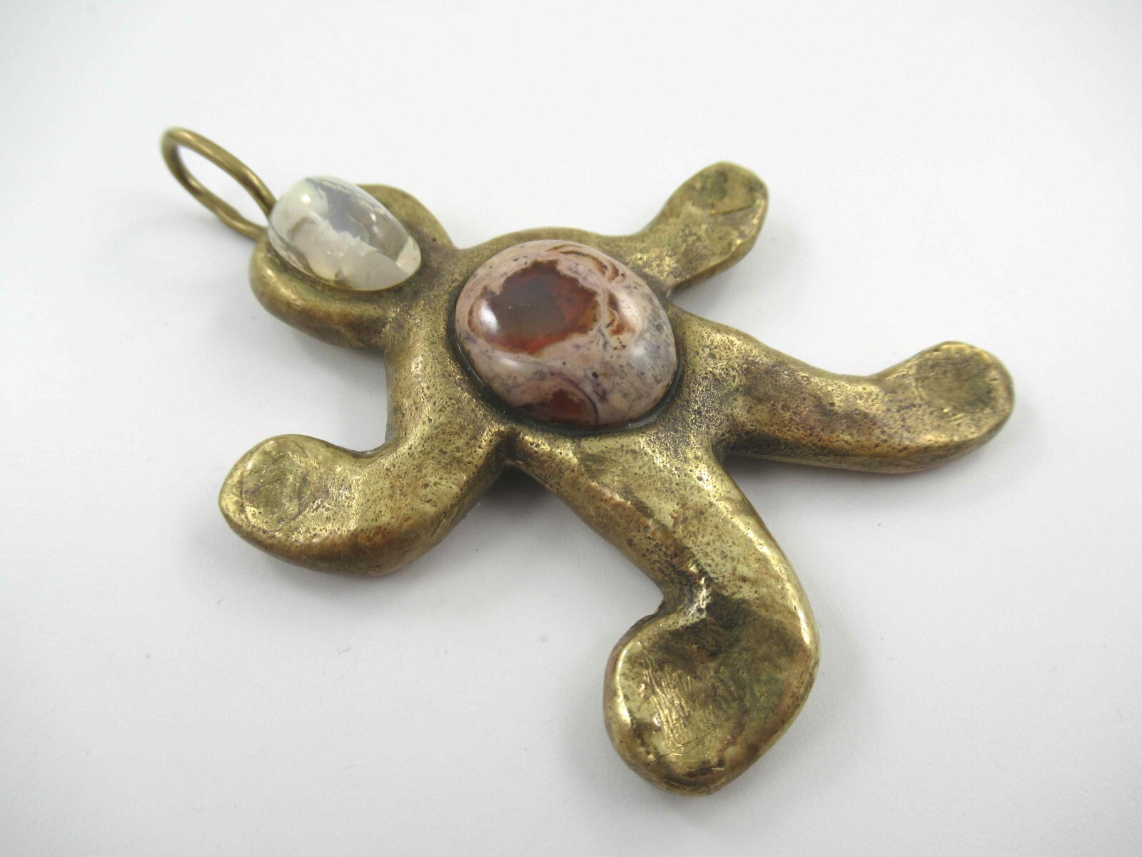 Brass Tone Figural Person Pendant w/ Stone Cabochons