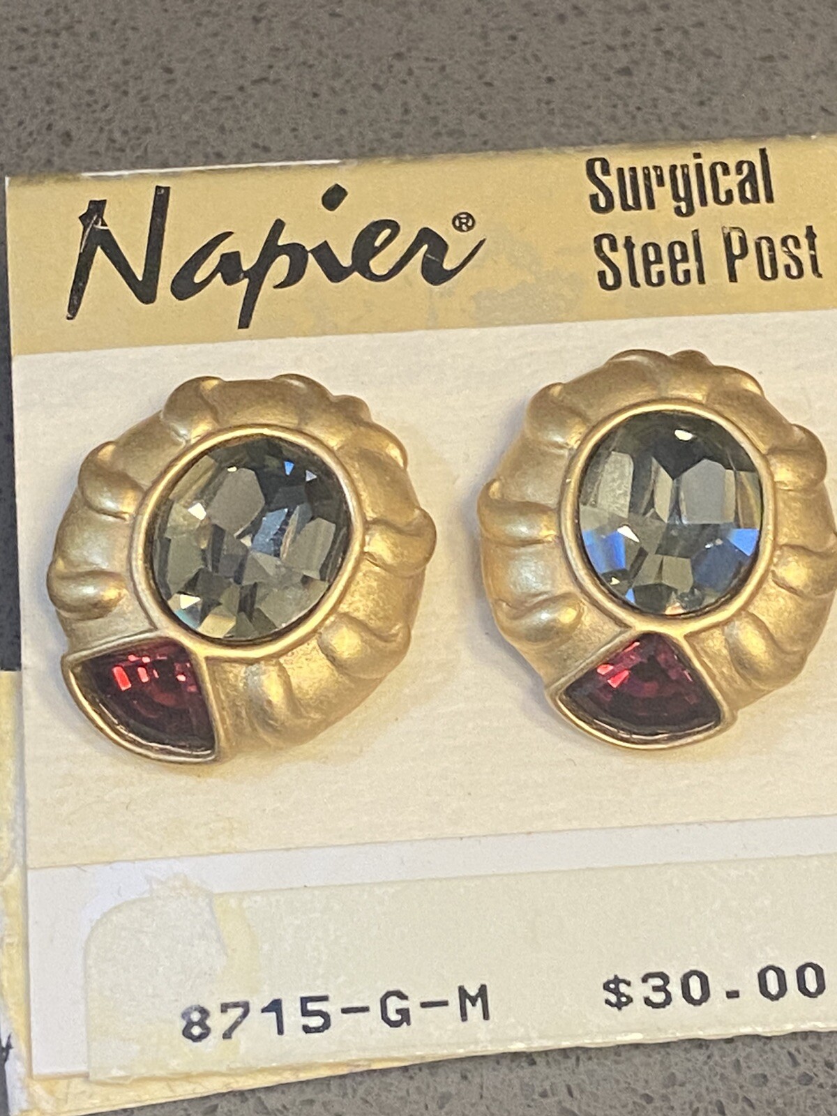 Vintage NAPIER Ruby Smokey Topaz Faceted Crystals Earrings Brushed Gold Art Deco