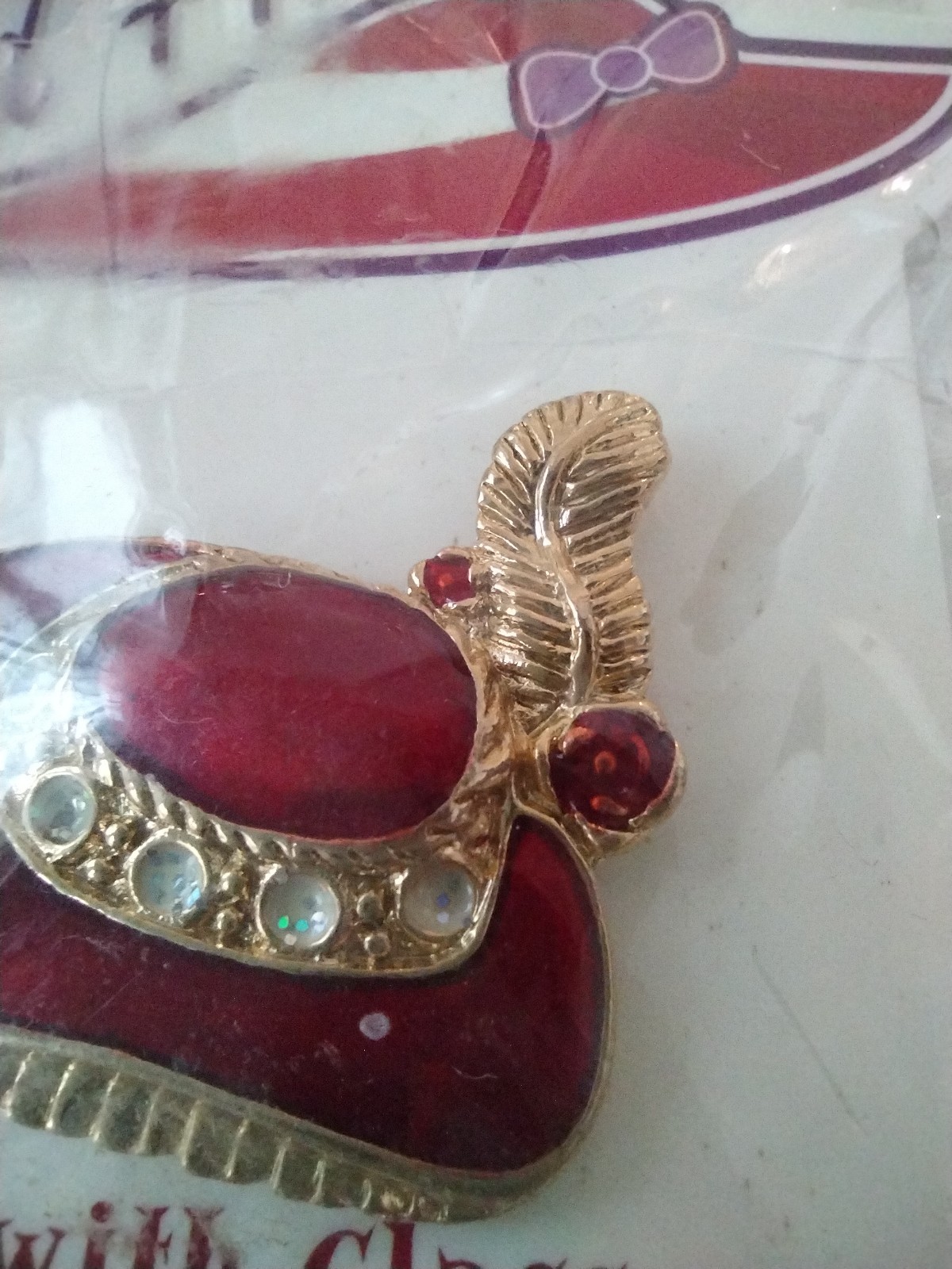 1980s Red Hat Society H’ATTITUDE Red Enamel 18kt Gold Finish Rhinestone Brooch
