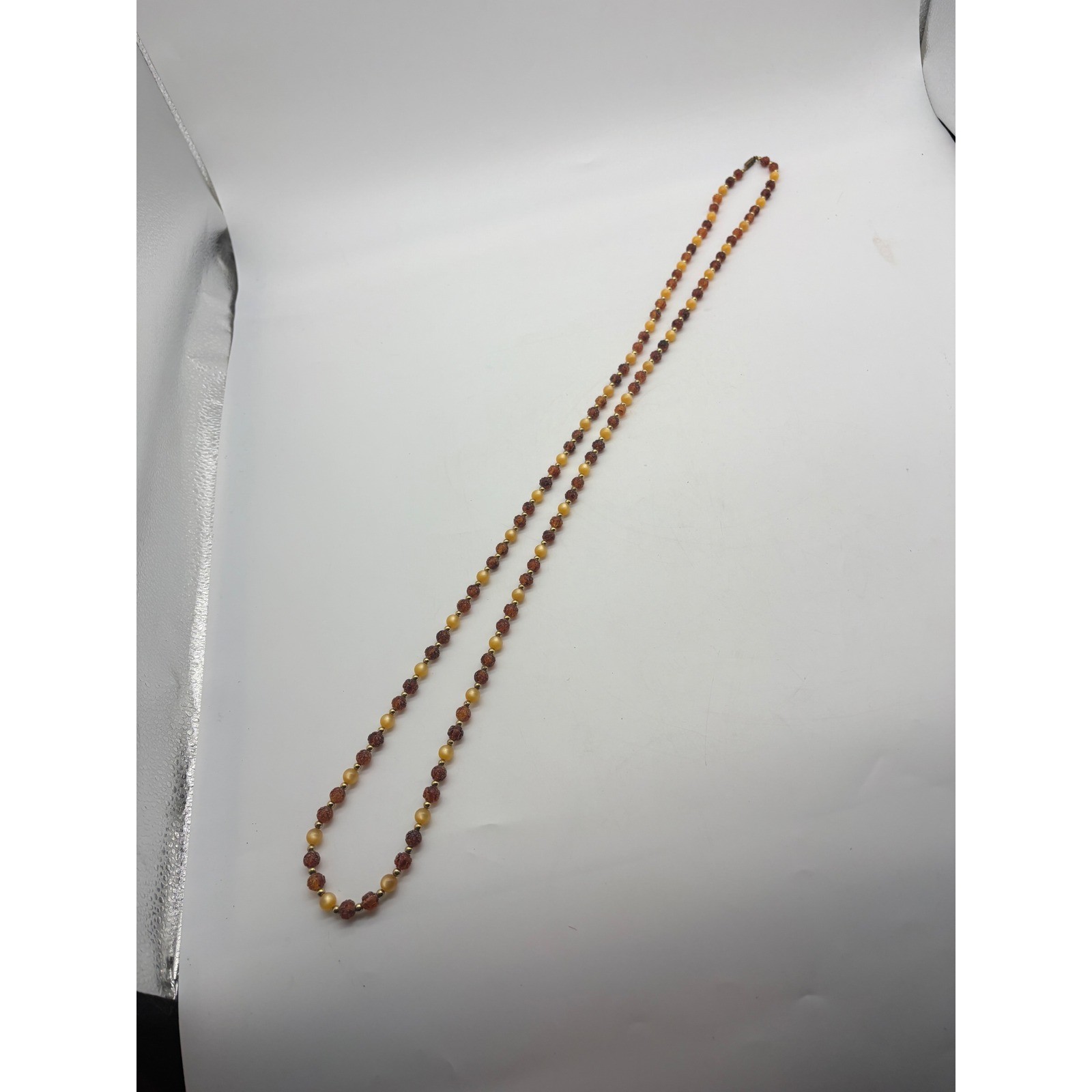 Vintage Yellow Carved Floral Beaded Opera Necklace 50 Inch Long Boho Retro