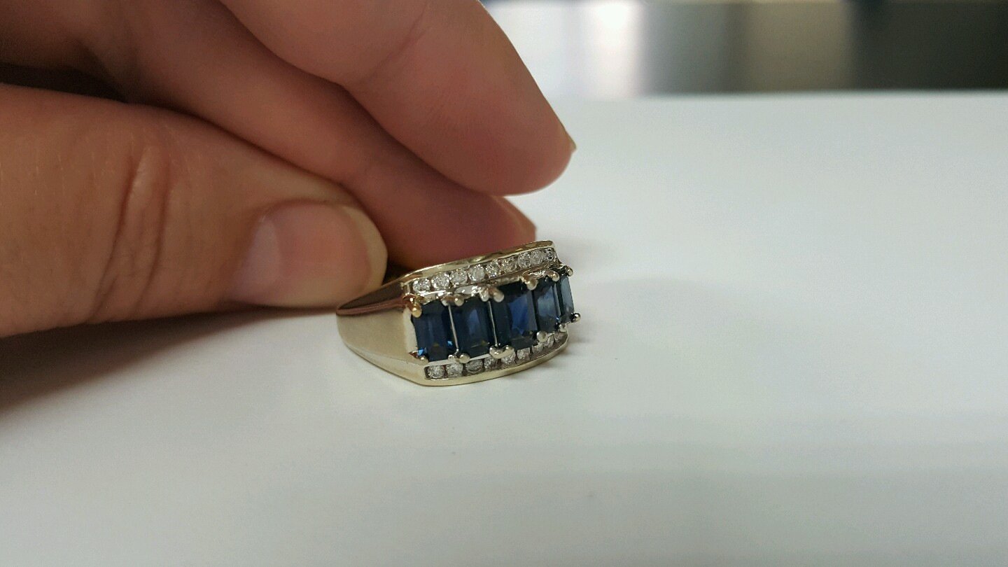 Estate 1.17ct Emerald Cut Blue Sapphire and Round Diamond 14k Whote Gold Ring