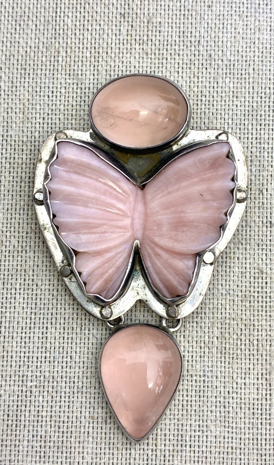 Sterling Silver AKR Amy Kahn Russel Rose QuartsButterfly Pendant Brooch Necklace