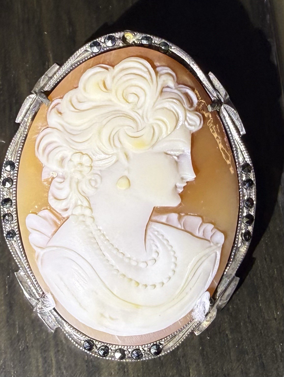 Antique Victorian Oval Shell Cameo Brooch Pendant, 800 Silver Frame, Brown/White