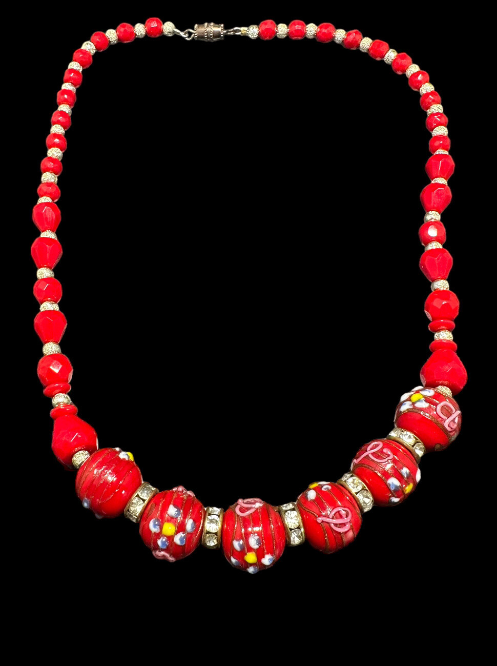 Vintage Murano Italy RED WEDDING CAKE Venetian Art Glass Bead Necklace 17.5 in