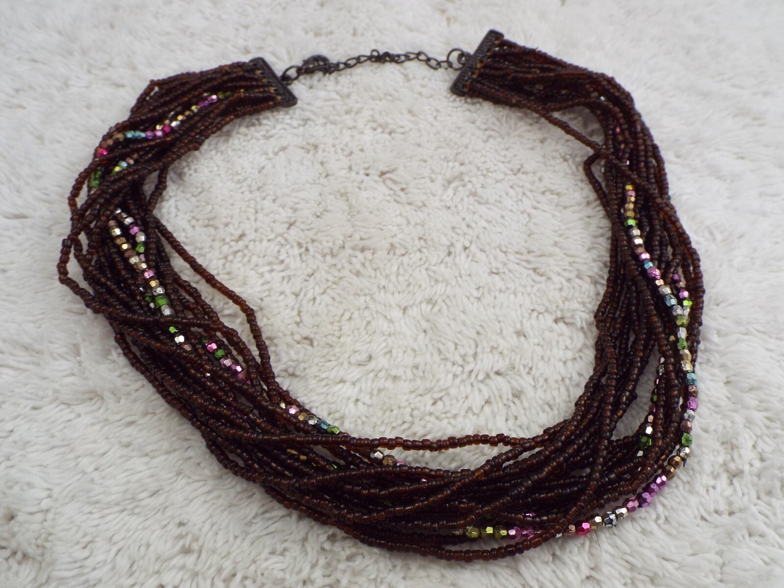 Pastel and Burgundy-Brown Glass Bead Multi Strand Necklace (A53)