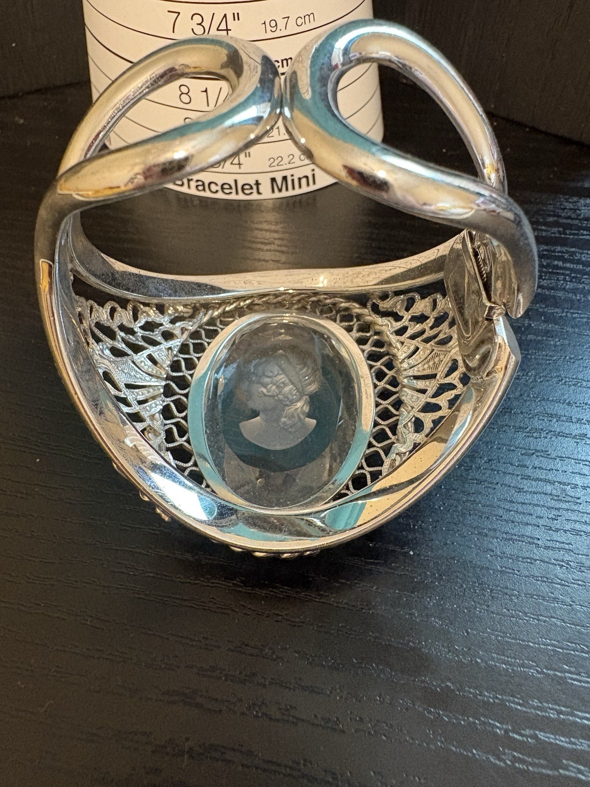 Whiting & Davis massive cuff bracelet clear cut cameo silver tone sz 6.5 vintage