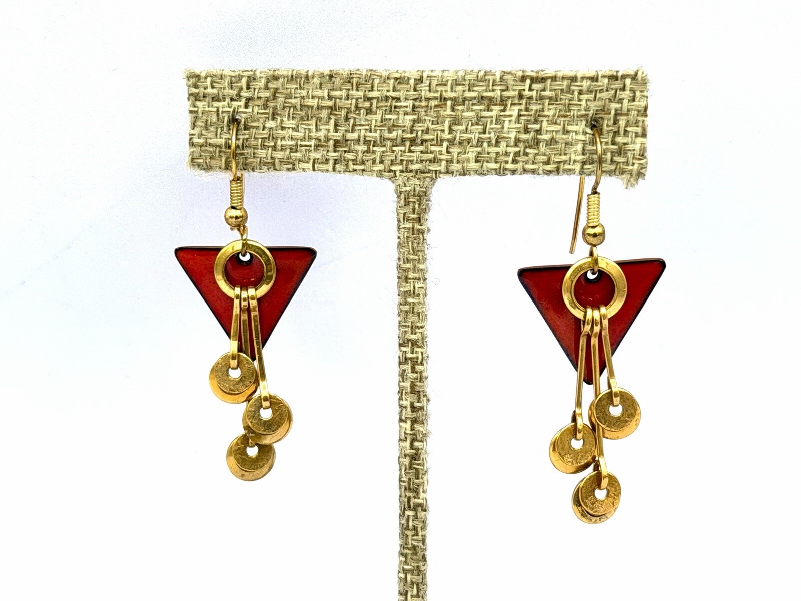 Vintage Artisan Geometric Open Circles Gold Red Triangle Earrings 1980s DbG M
