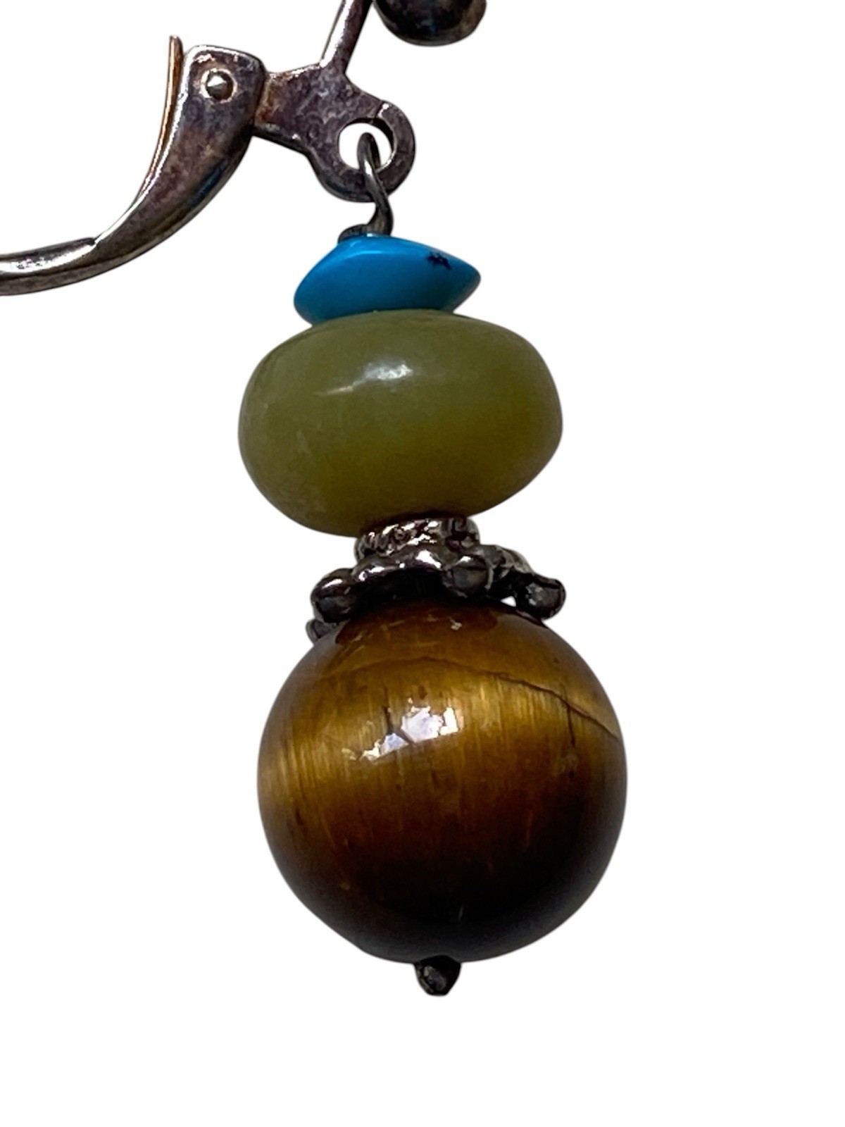 Vintage Tiger Eye Jade Turquoise Dangle Earrings Silver Leverback Drop Boho