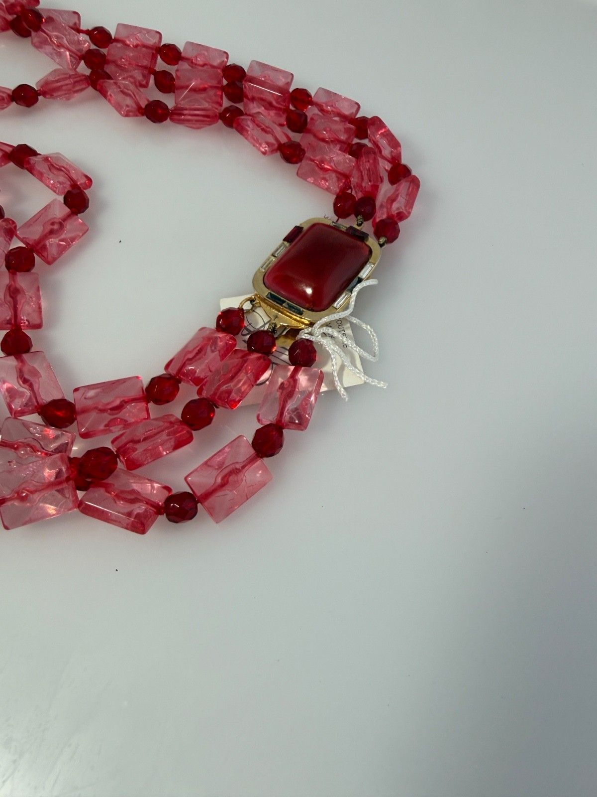 Vintage Pink & Ruby Red Lucite Acrylic Necklace 16” triple Strand statement