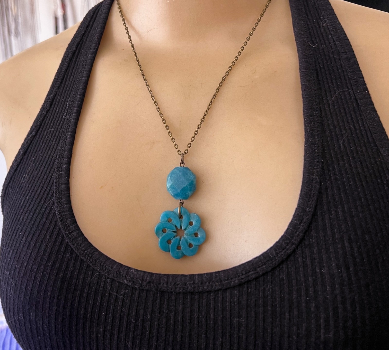 Artisan Necklace Large Carved Teal Wheel of Life Gemstone Pendant
