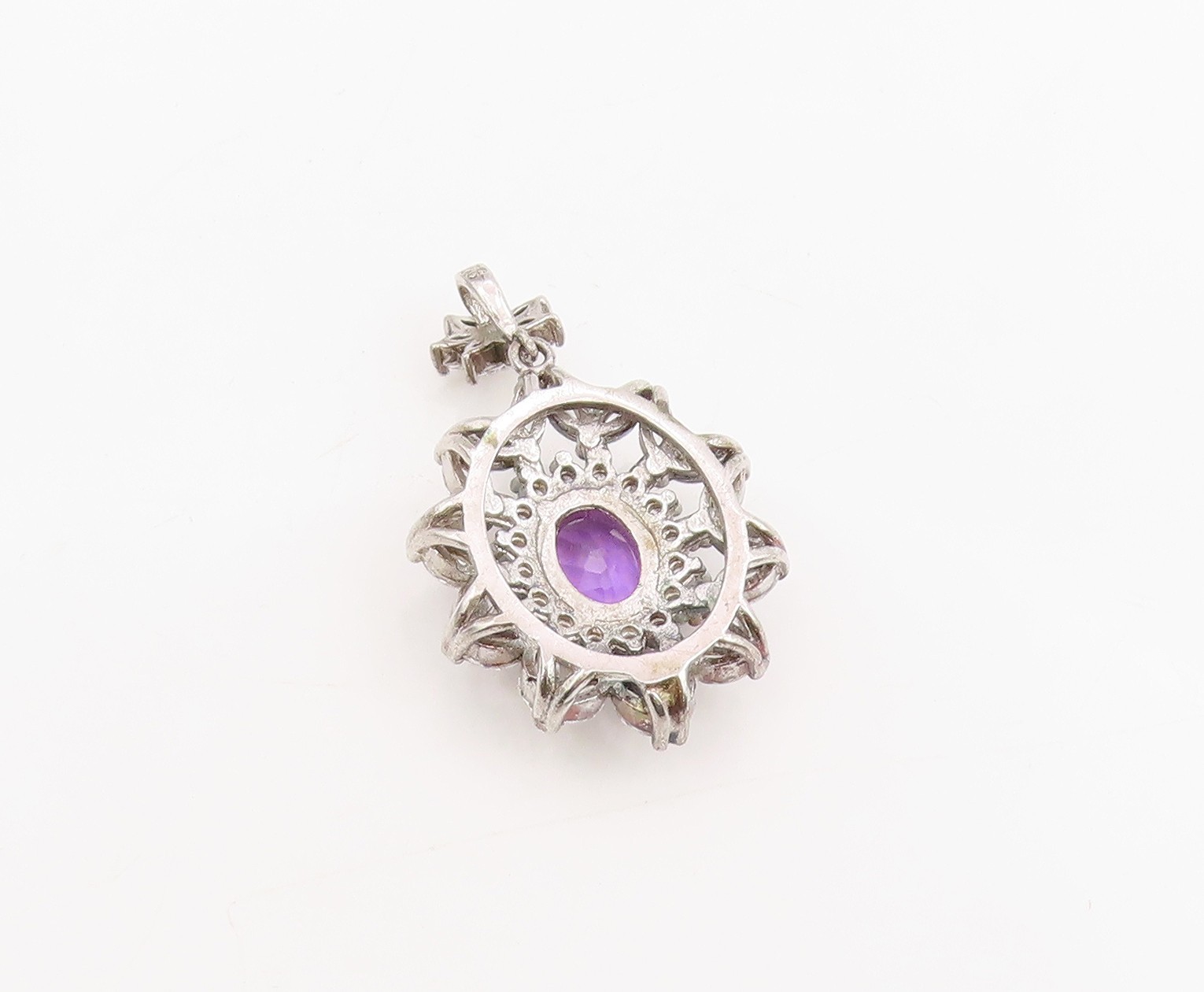 925 Sterling Silver Vintage Pendant Amethyst & Halo CZ Floral Cluster PT25563