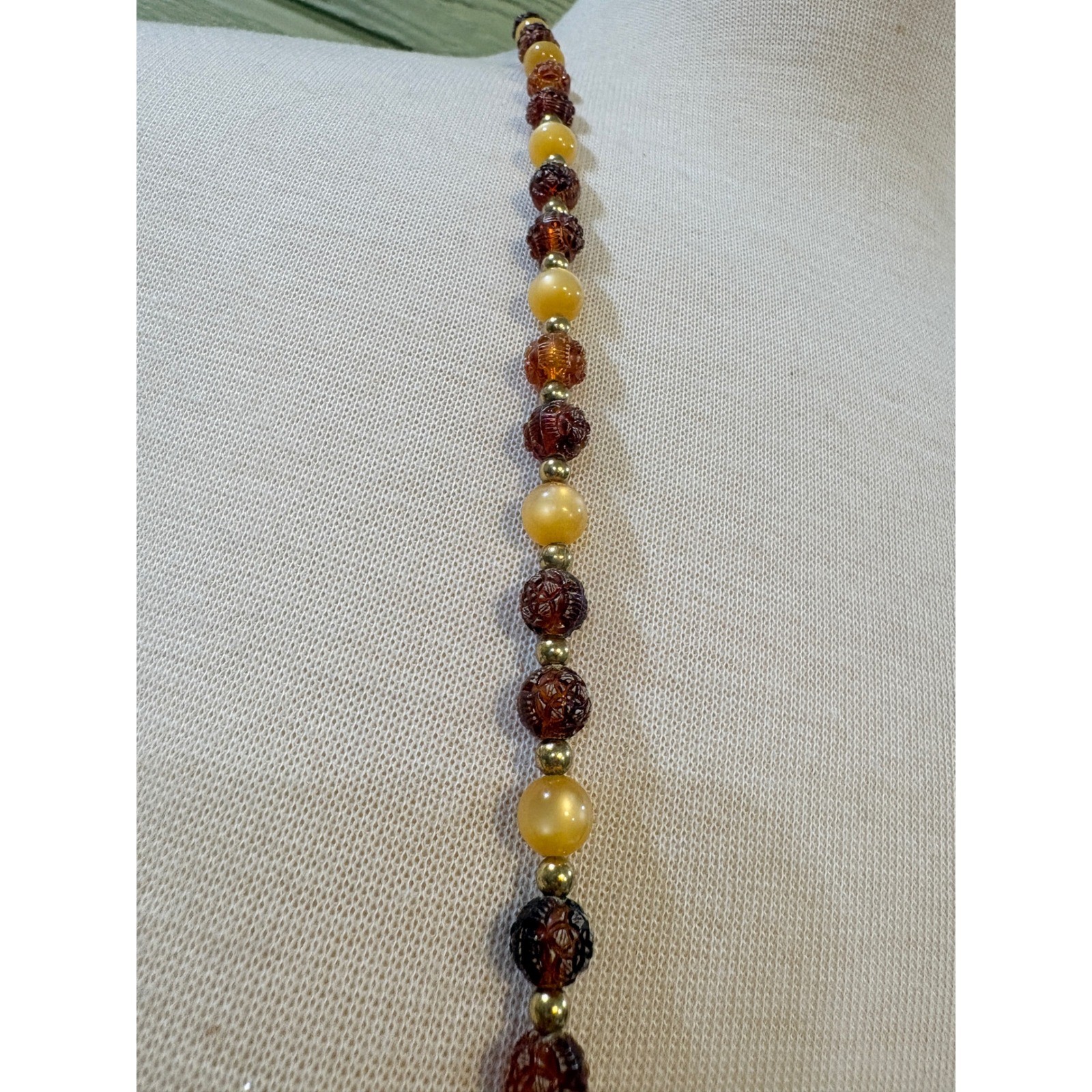 Vintage Yellow Carved Floral Beaded Opera Necklace 50 Inch Long Boho Retro
