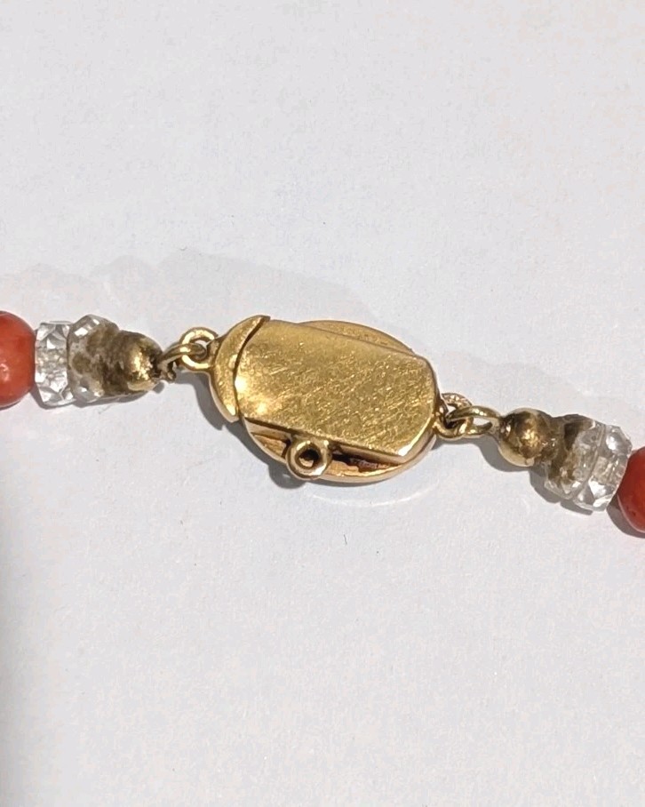 Vintage 14k Genuine 13mm Jade Coral Quartz Beads 13.5″ Choker Necklace 32 Grams