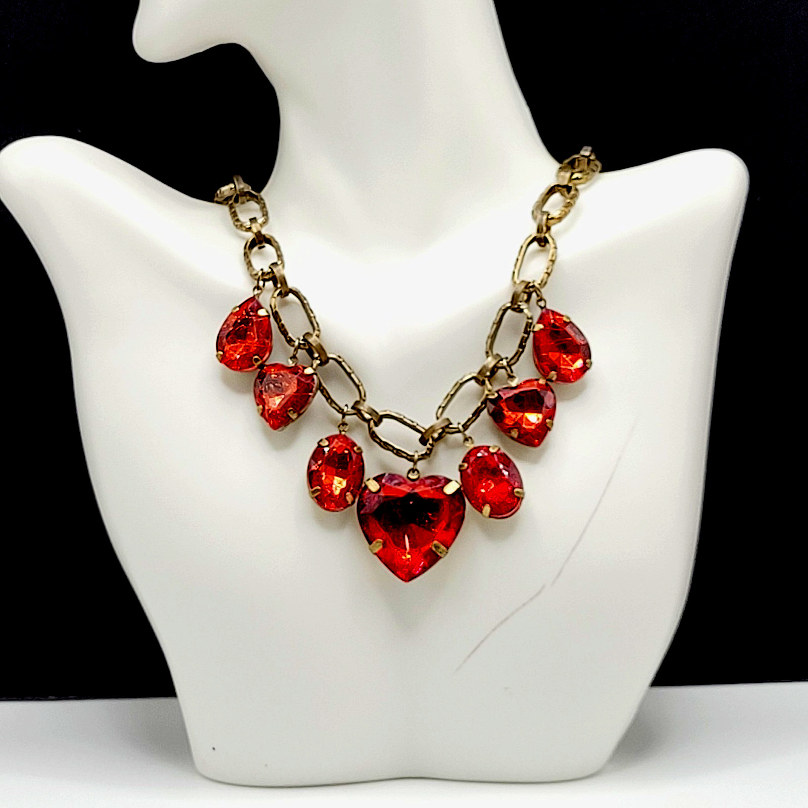 Red Acrylic Gem Statement Red Heart Brass Tone Large Link Vintage Necklace 17 In