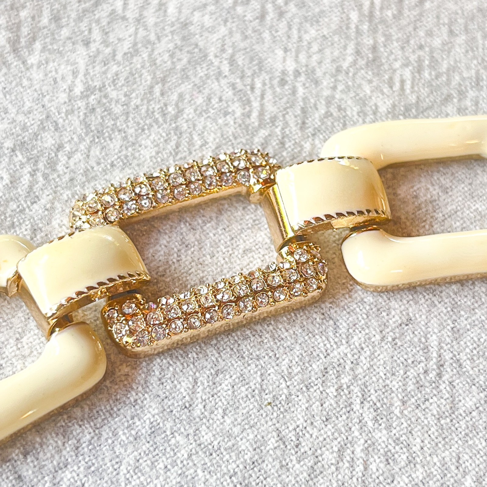 Vintage Ivory Enamel Gold Tone Link Bracelet Rhinestone Statement Chunky Deco