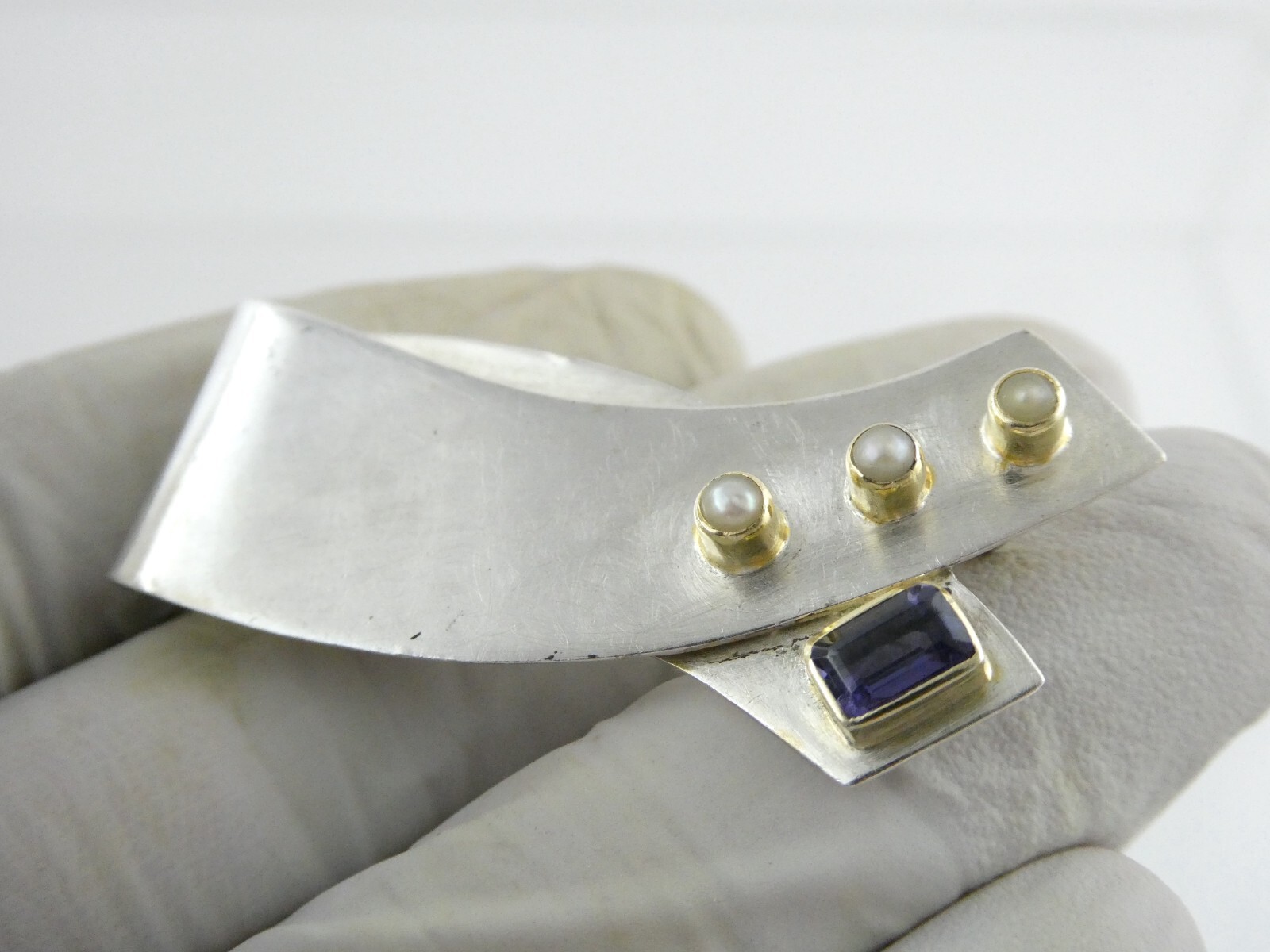 Artisan Designer Sterling Silver Seed Pearl Iolite Pin Pendant Brooch 8.9g 925