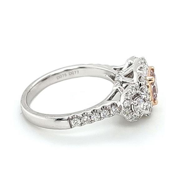 1.52CT WHITE & PINK DIAMOND 18KT WHITE ROSE GOLD CUSHION 3 STONE ENGAGEMENT RING