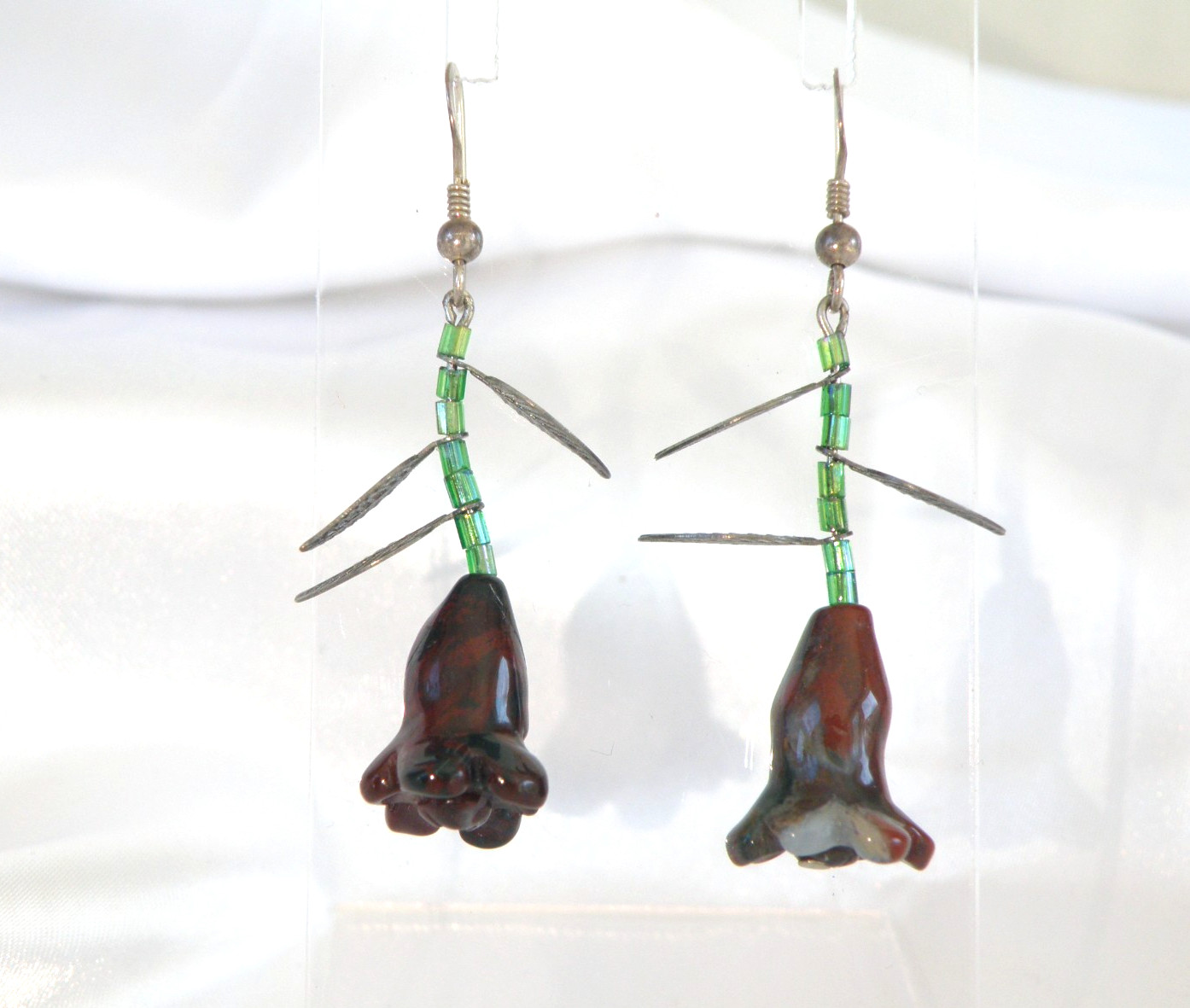 Vintage Sterling Silver 925 Artisan Tulip Flower Carved Stone Dangle Earrings