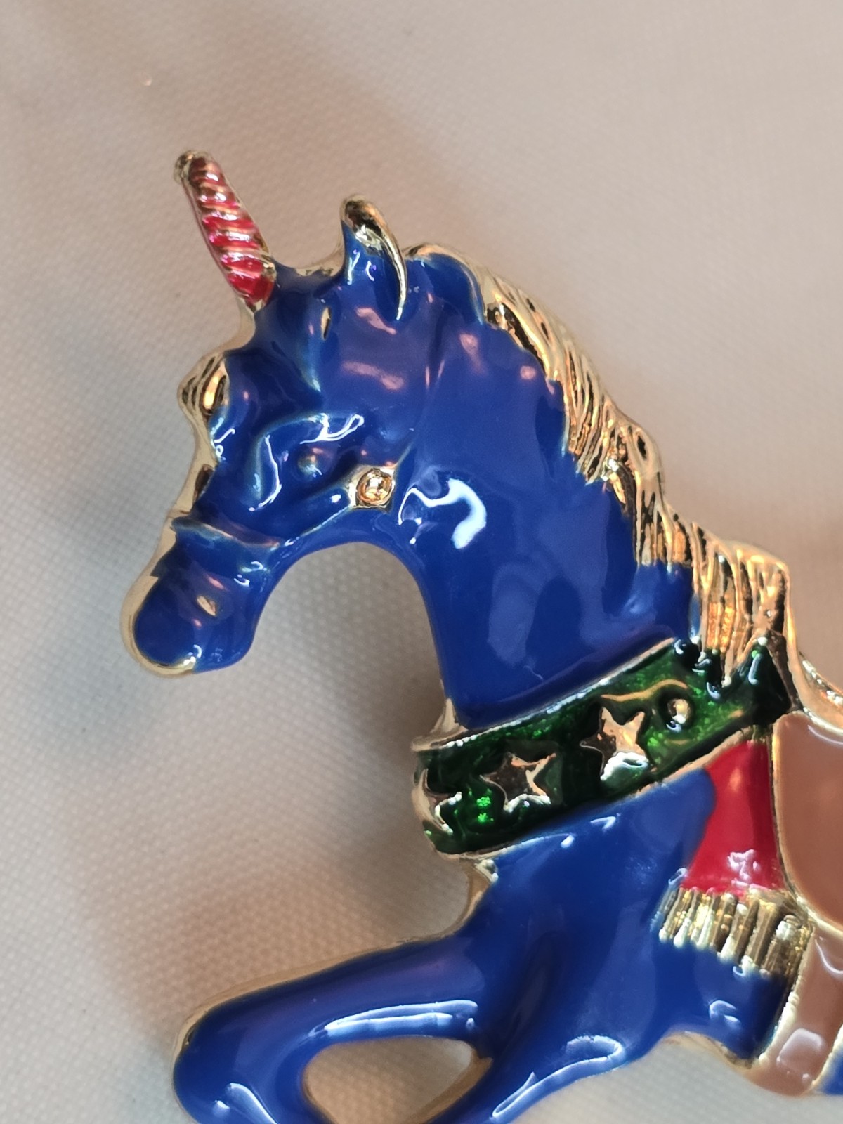 Blue Unicorn Brooch Enamel Gold Tone Rhinestone Tail Whimsical Fantasy Pin #935