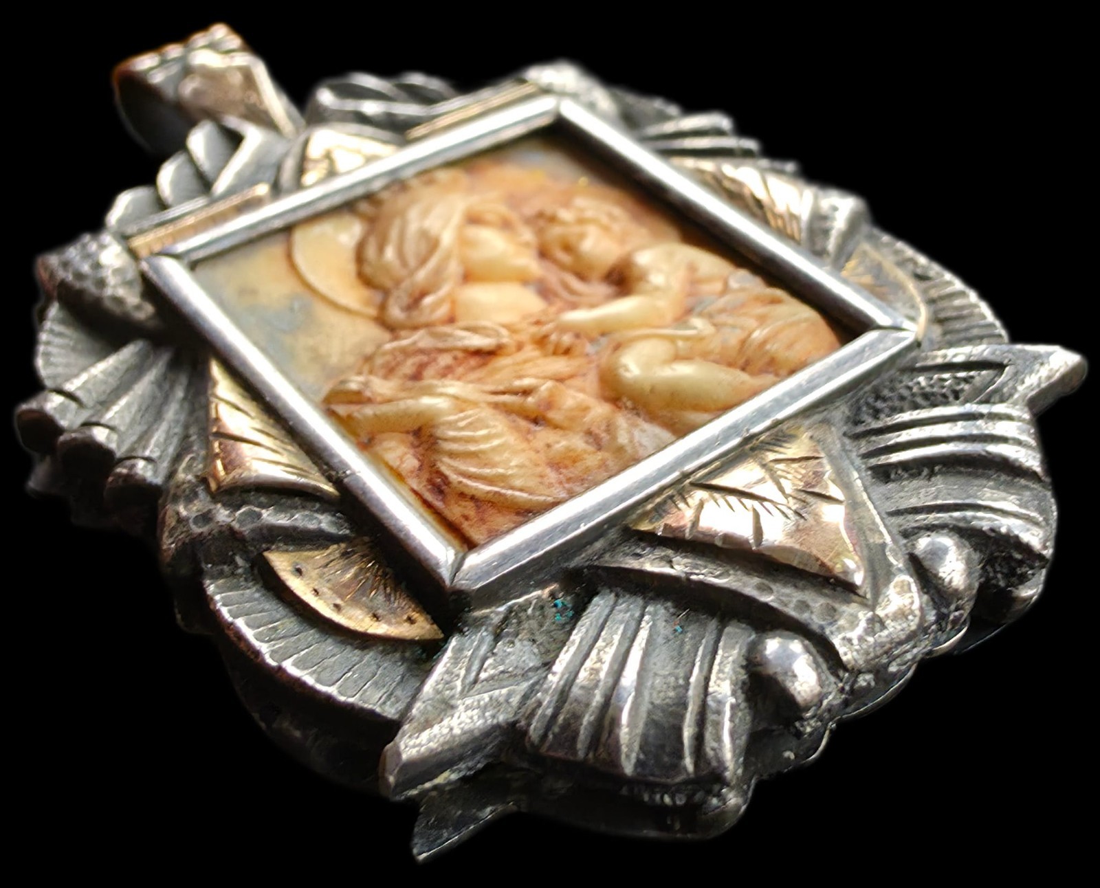 Fine Antique Art Nouveau Silver Gold Madonna Virgin Mary and Jesus Pendant C1900