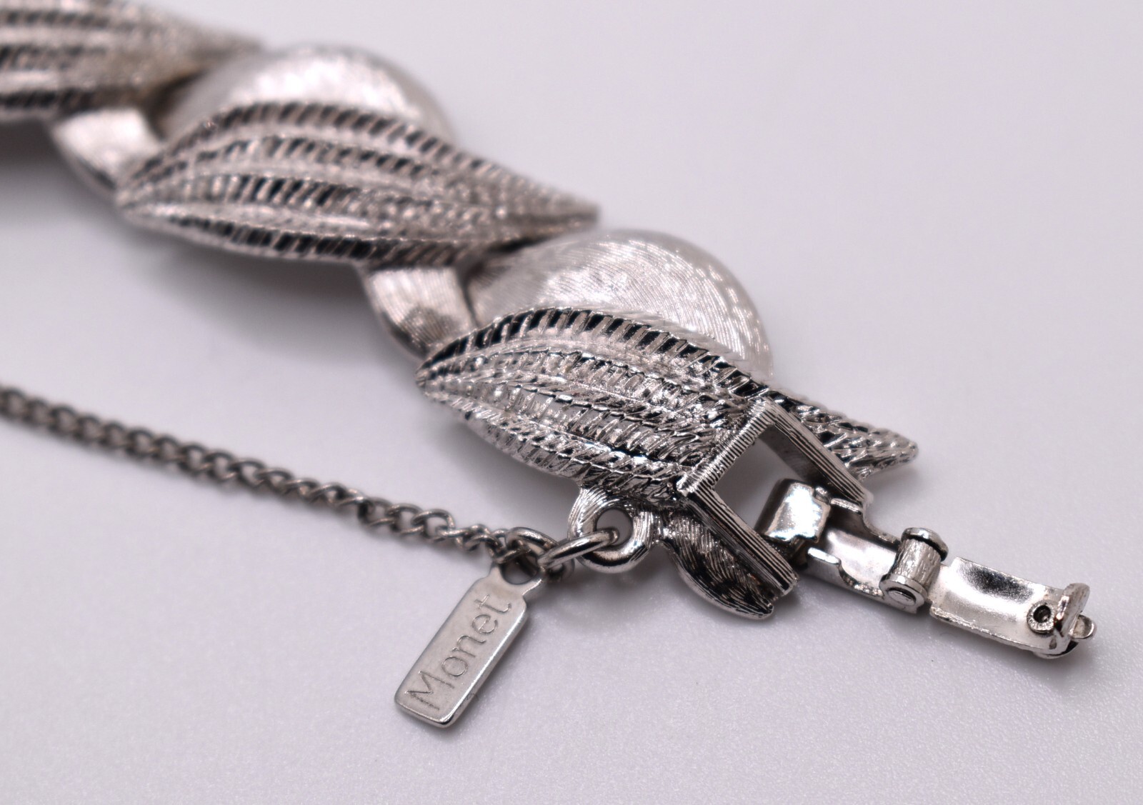 Vintage Signed Monet Silver-Tone Link Bracelet With Safety Chain & Clasp