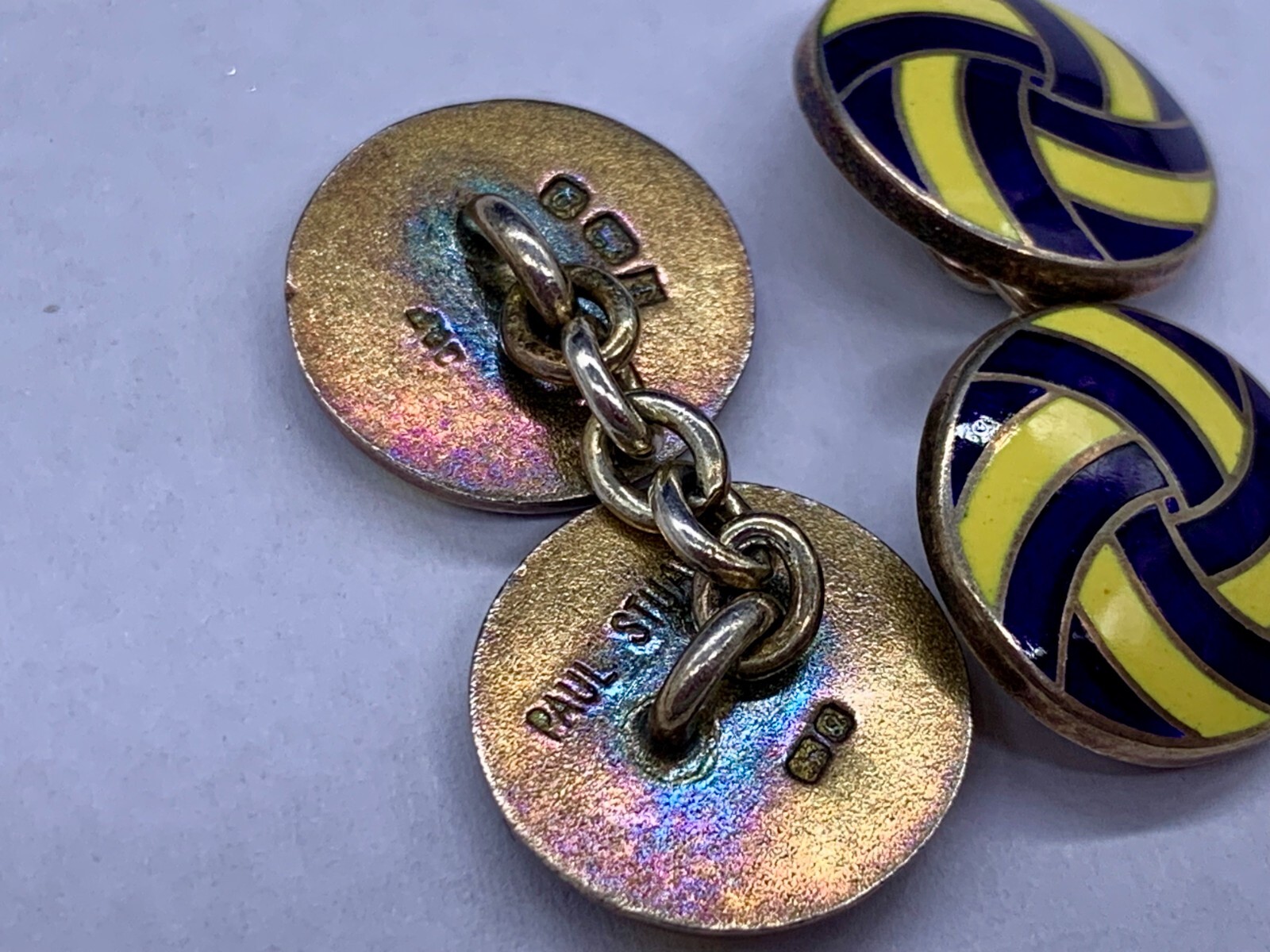 VINTAGE STERLING SILVER DEAKIN FRANCIS PAUL STUART ENAMEL YELLOW BLUE CUFFLINKS