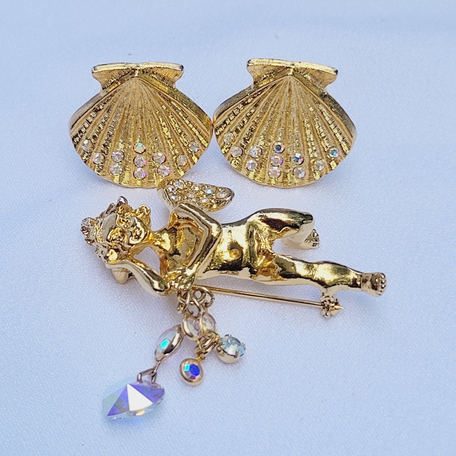 Kirks Folly Angel Brooch & Scallop Seashell Earrings Clip On Goldtone Crystals