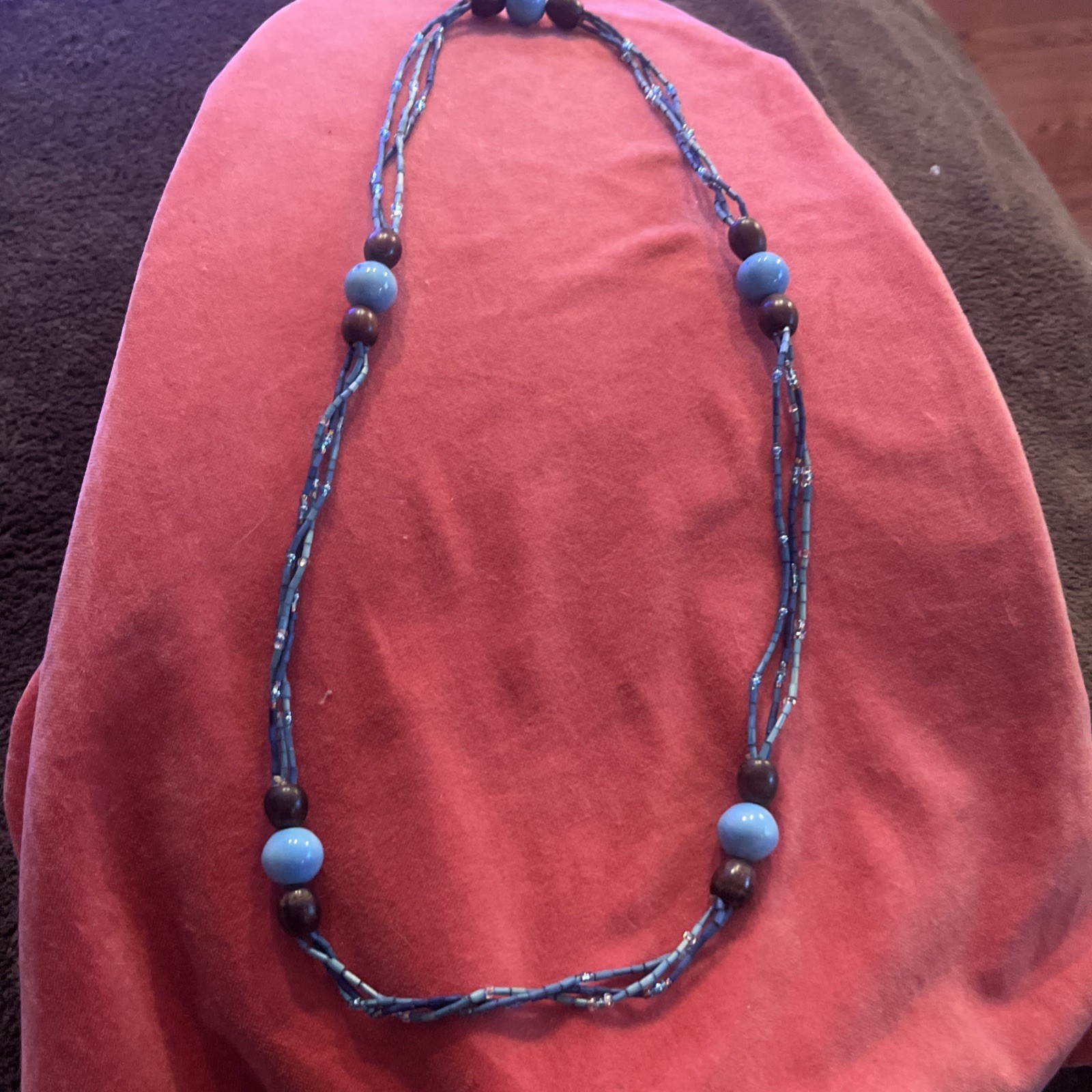 Blue, Brown -Glass, Ceramic, Wood Bead 30”Necklace, 2.5” Brass Inlay Wood Bangle