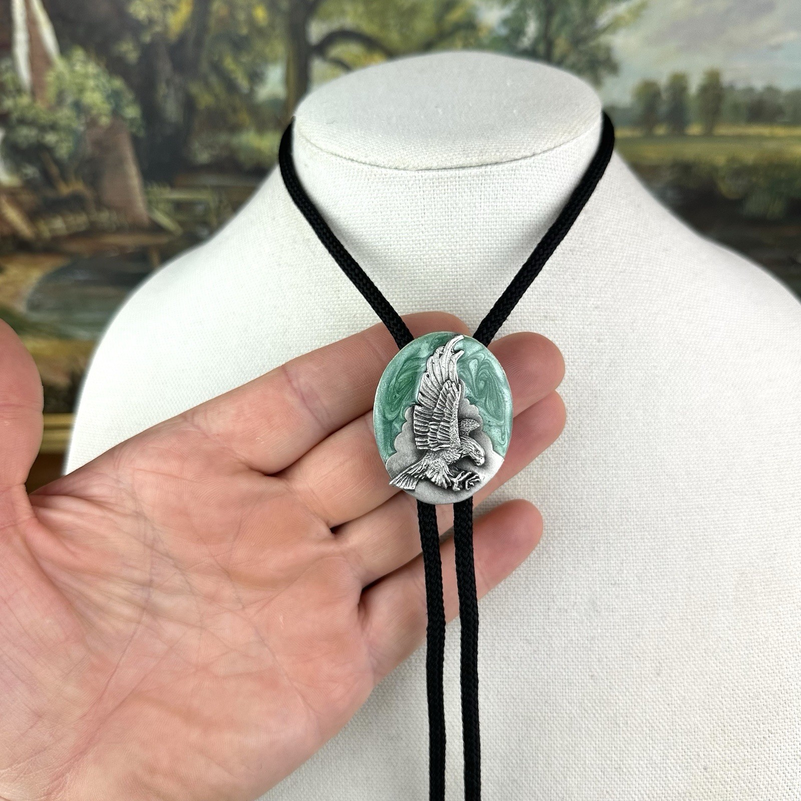 Vintage 80s Siskiyou Silver Pewter Enamel -Soaring Eagle- Western Bole Tie