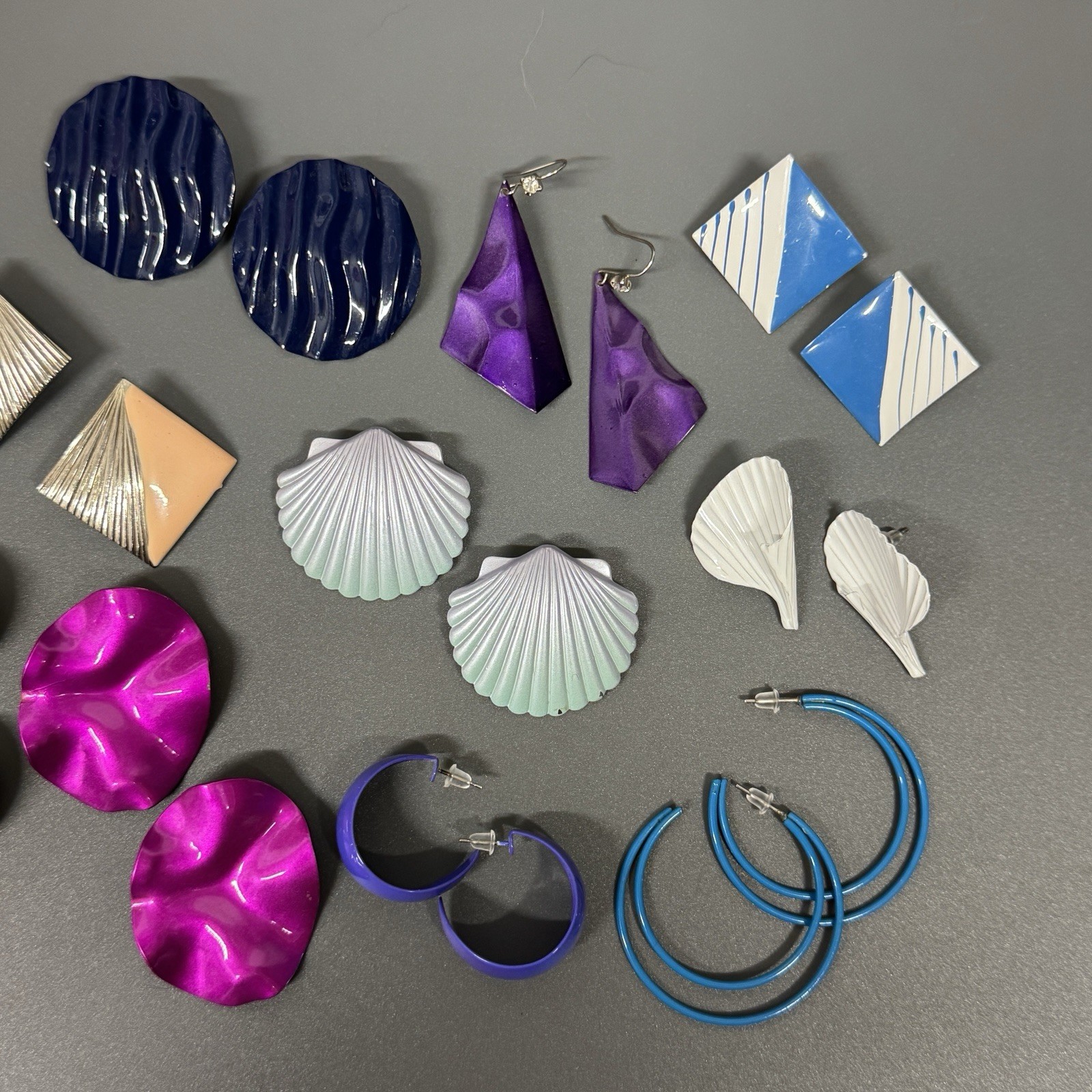 Vintage Metal Enameled Post Earrings Lot Of 10 White Purple Pink Blue Hoops