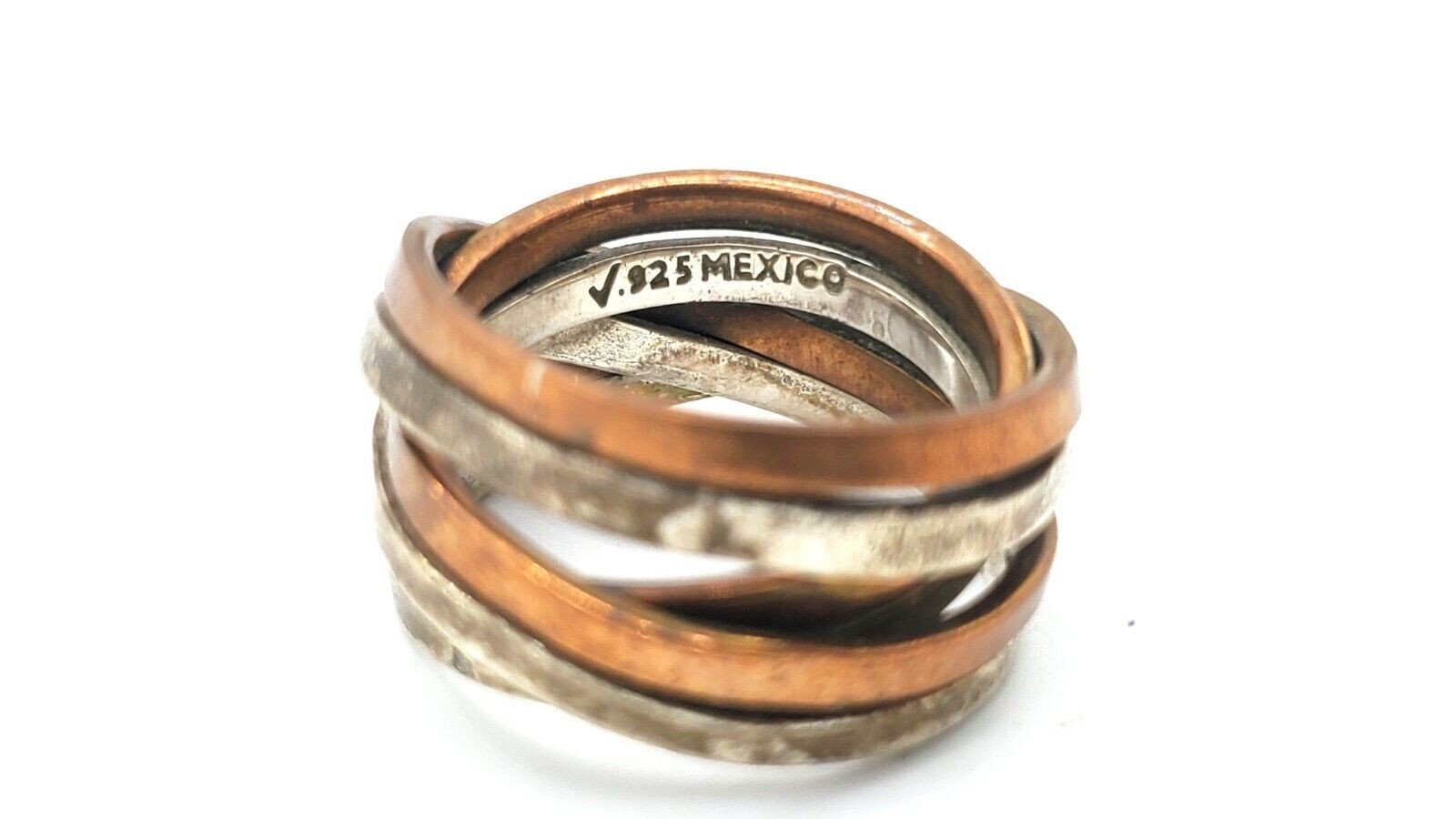 Vtg Signed Mexico Checkmark Artisan Sterling Silver Copper Mixed Metal Ring