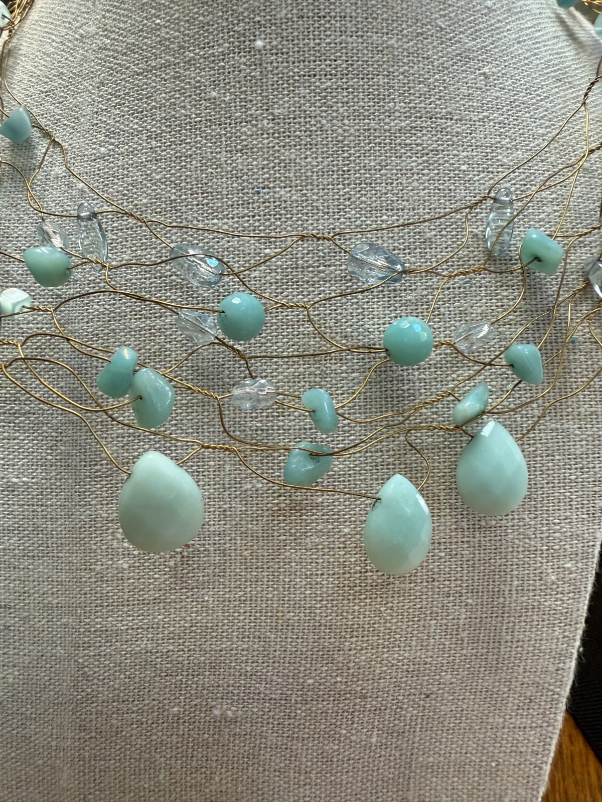 Vintage Wire Wrapped Multi Strand Necklace Aqua Blue Stone & Clear Glass
