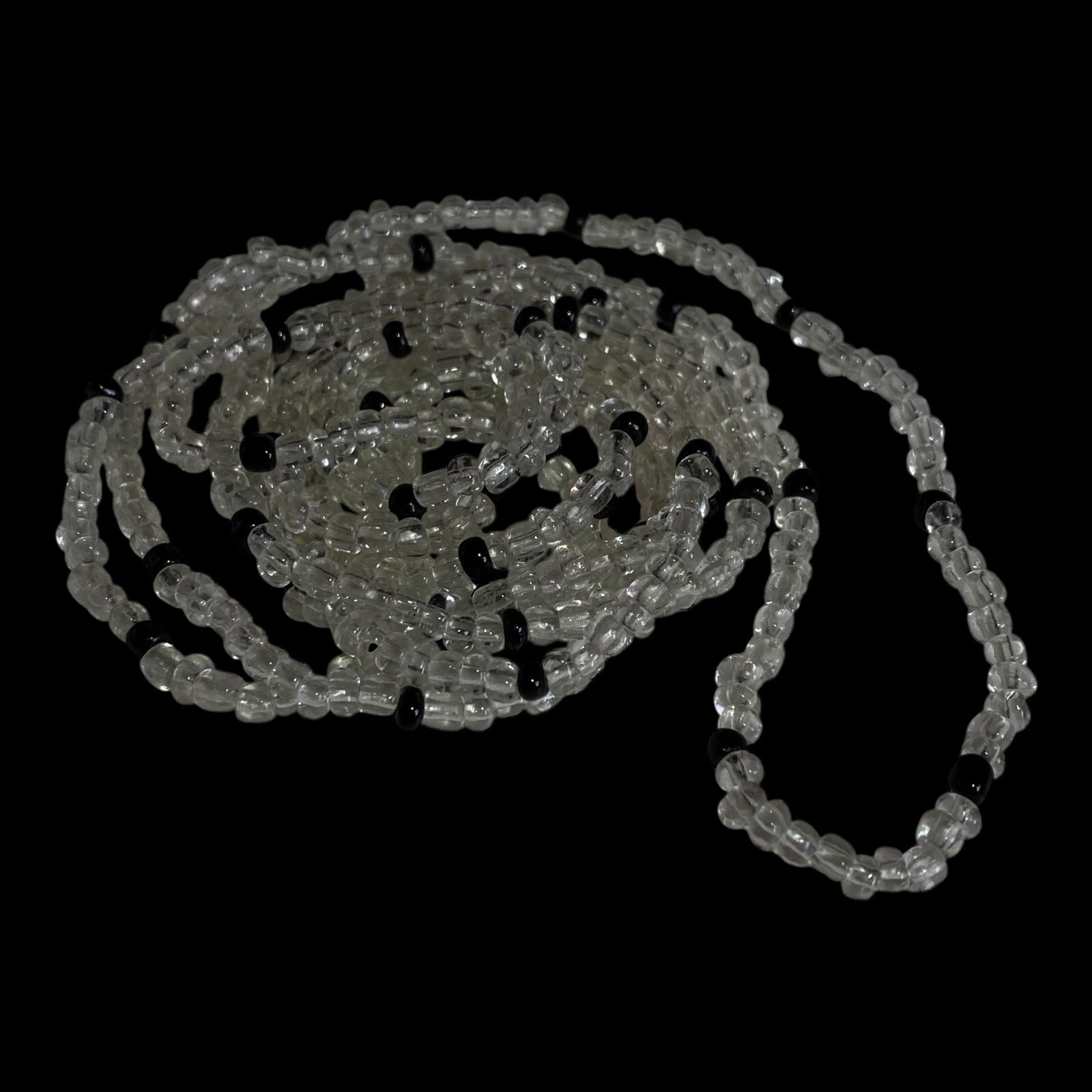 Vintage 54” Black Clear White Glass Beaded Necklace Handmade Layering Boho Craft