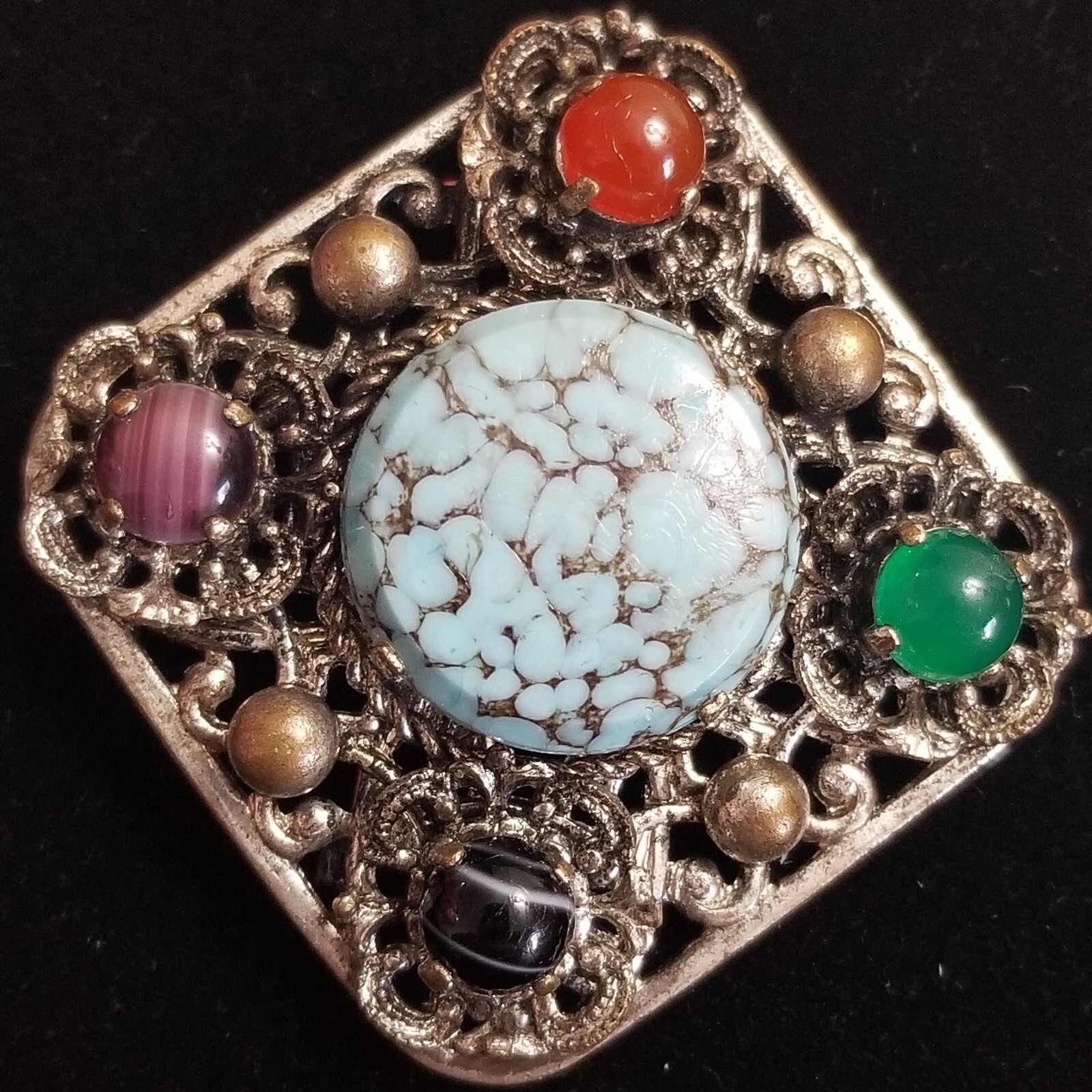 Vintage Brooch and/or Pendant, Silver Tone w Multicolor Faux Stones Gold toned