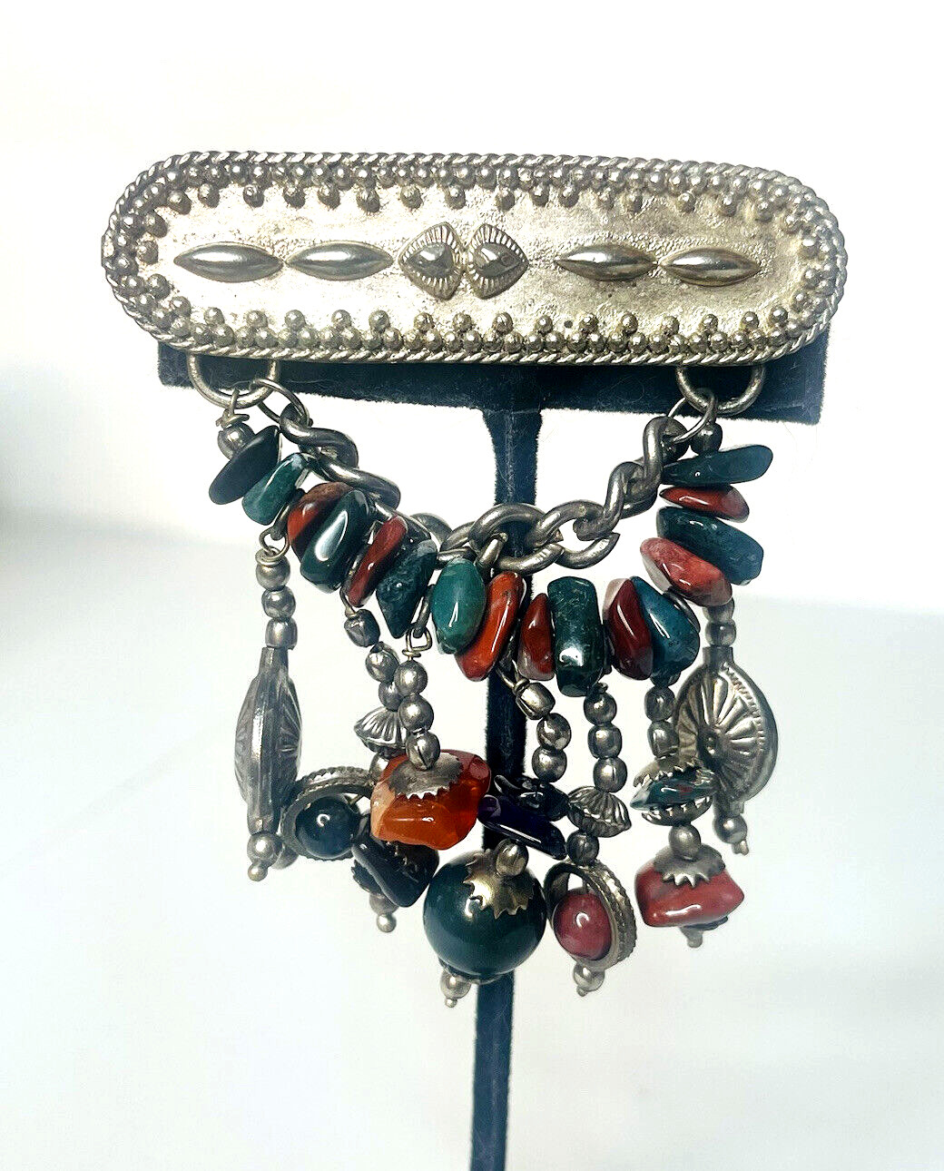 Vintage Hand Crafted Brooch Genuine Stone Chunks Unknown Metal Made In India