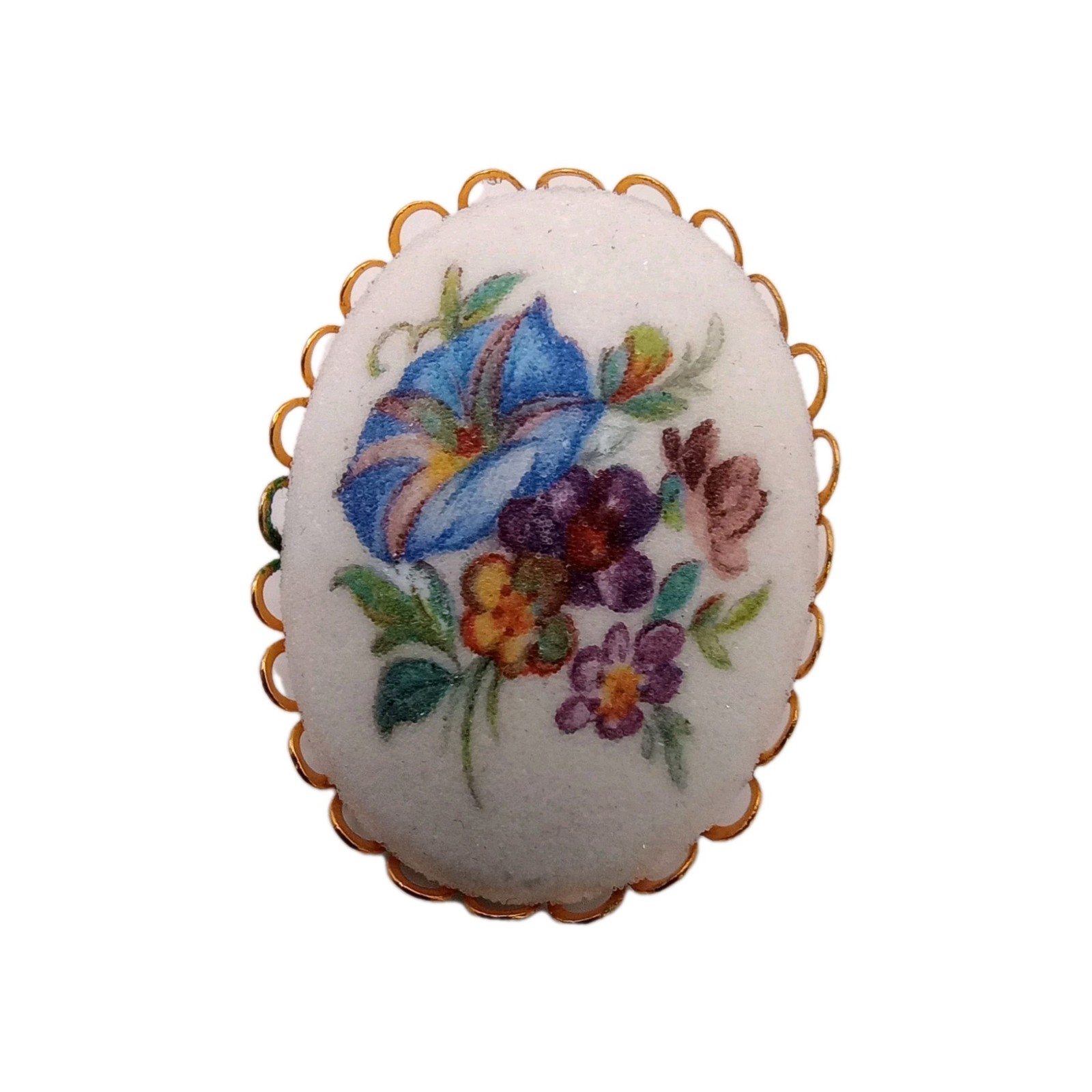 Vintage Floral Sugared Blue Morning Glory Brooch Gold Tone Scallop Pin 1 3/4 in