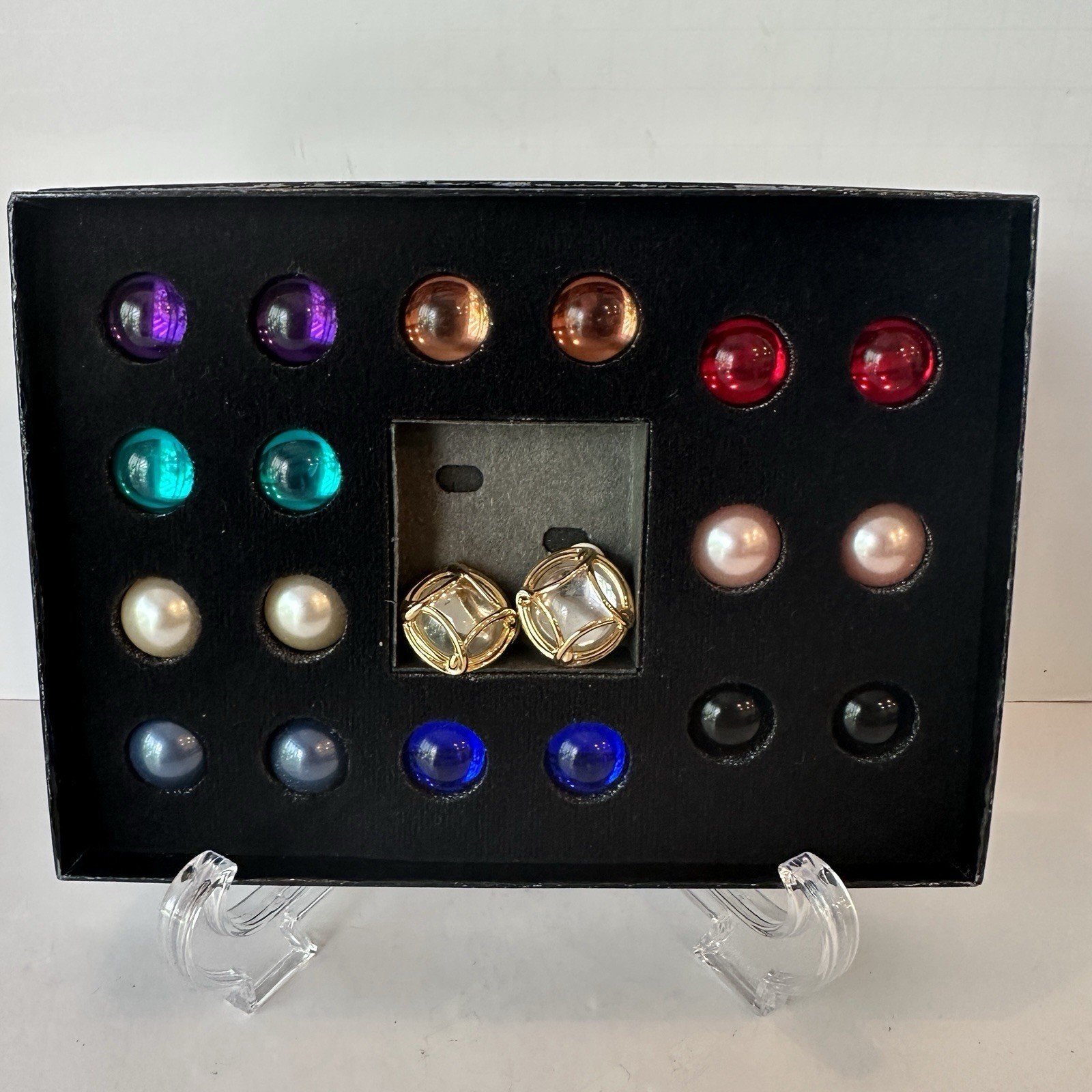 VTG JOAN RIVERS 10 Color Interchangeable Caged Cabochon Clip On Earring Set