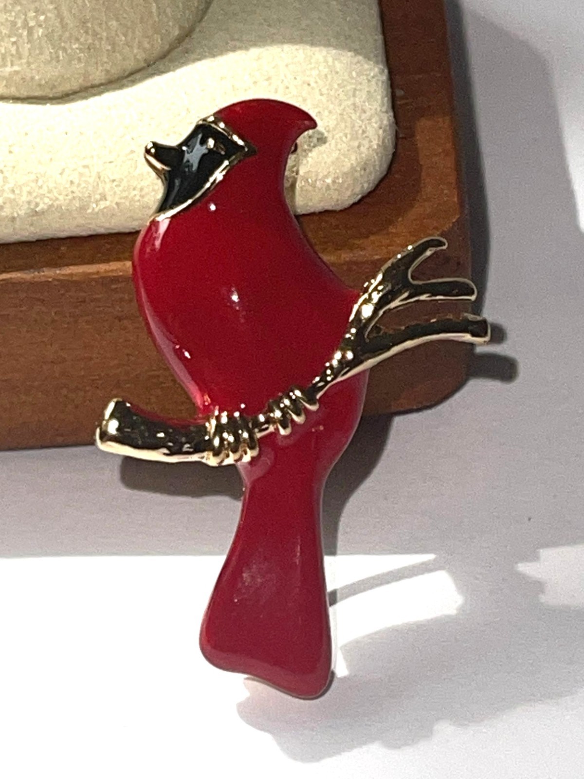 Cardinal Bird Brooch Pin With Gold-Tone Branch Red Enamel Finish
