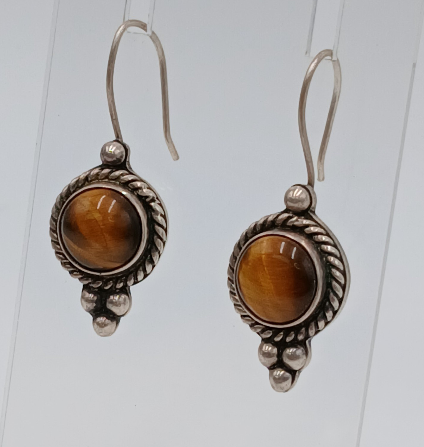 VTG 925 MEX Tigers Eye Earrings 1.75in Sterling Silver 10gtw Southwest Artisan