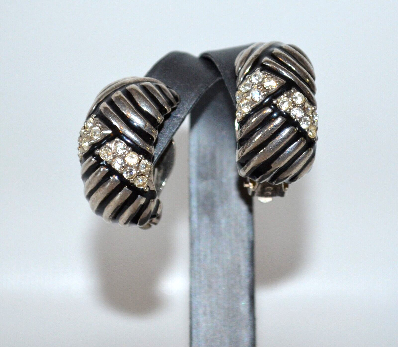 Vintage Silver Tone & Black Clip On Earrings with Clear Rhinestones 1.25″