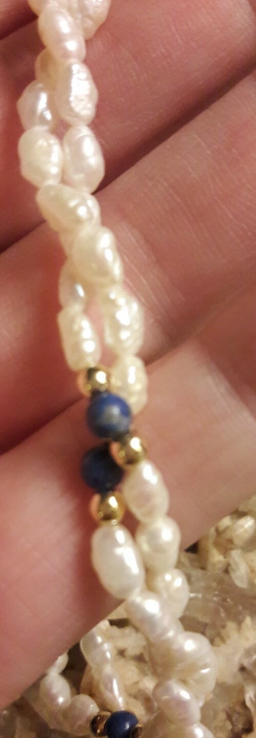 Antique Pearl Lapis Lazuli 18″ Beaded Double Necklace gold tone
