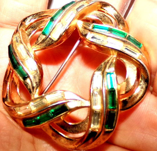 CROWN TRIFARI PAT. PEND signed pin with green and clear channel set stones–OMG!