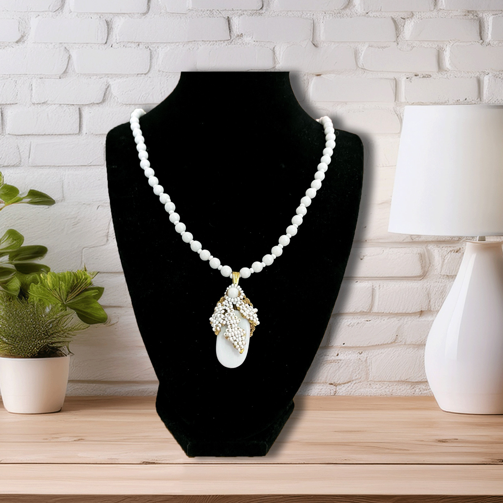 Vintage Mariam Haskell Milk Glass Bead Neck Signed Clasp / Pendant 20”