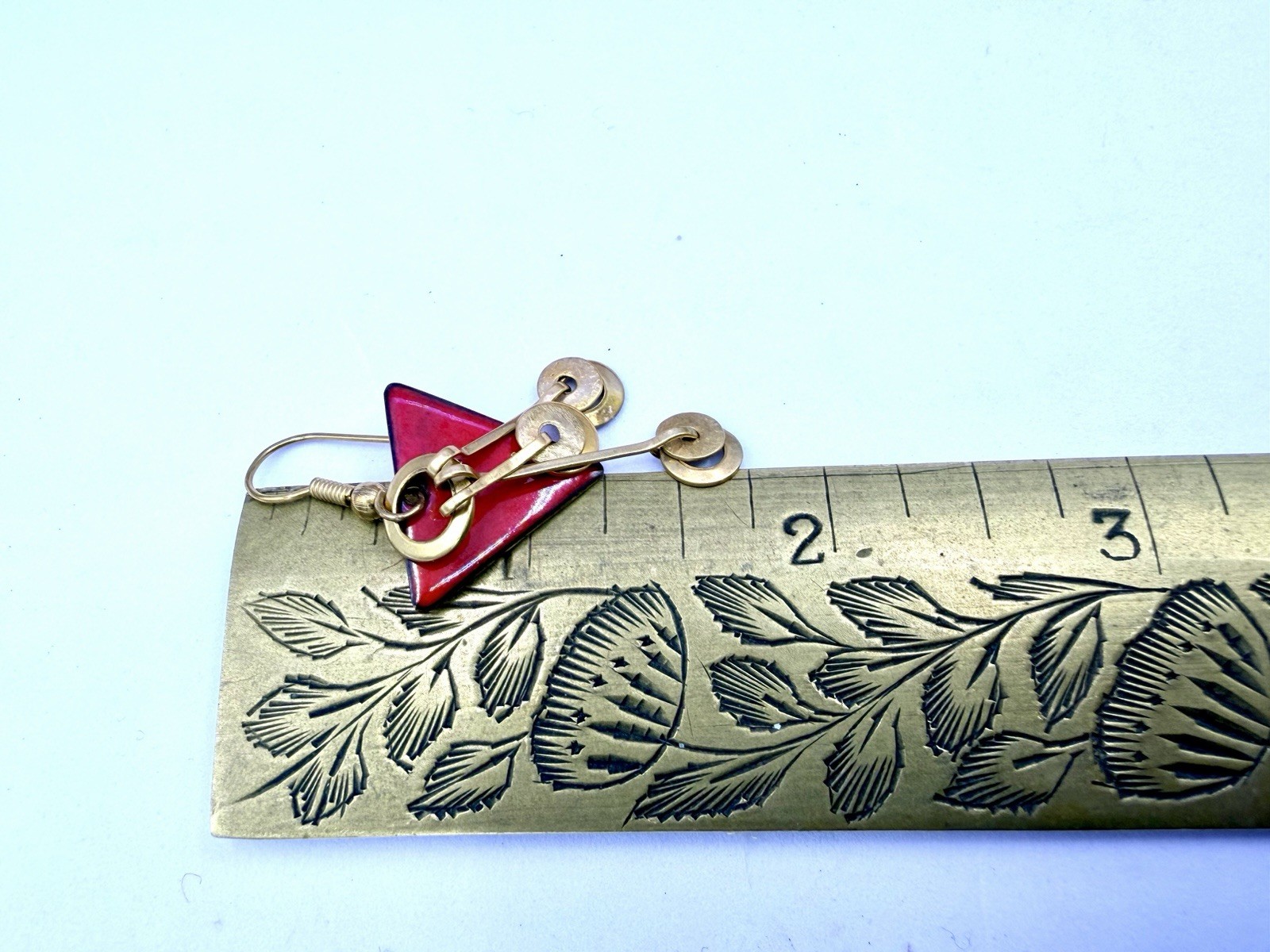 Vintage Artisan Geometric Open Circles Gold Red Triangle Earrings 1980s DbG M