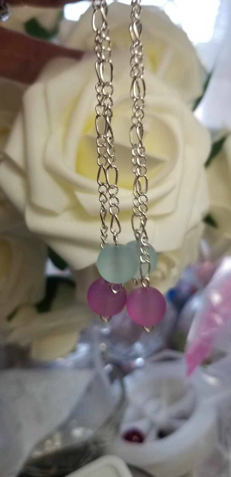 10mm Lt. Blue and Purple Seaglass 3+ in. leverback Double Dangle Drop Earrings