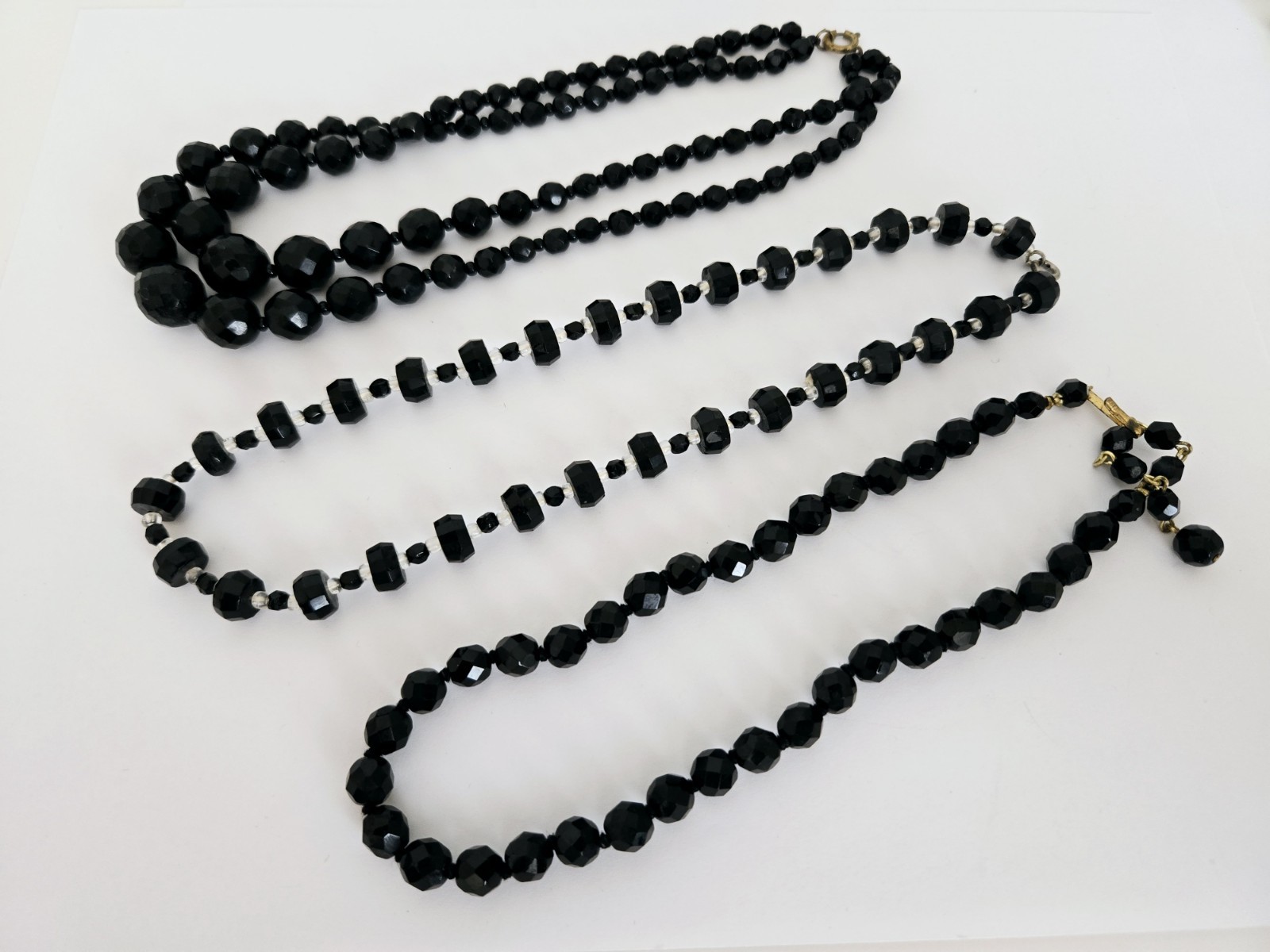 Lot of 9 Vintage Black Glass Faceted Beads Necklaces Different Styles & Sizes